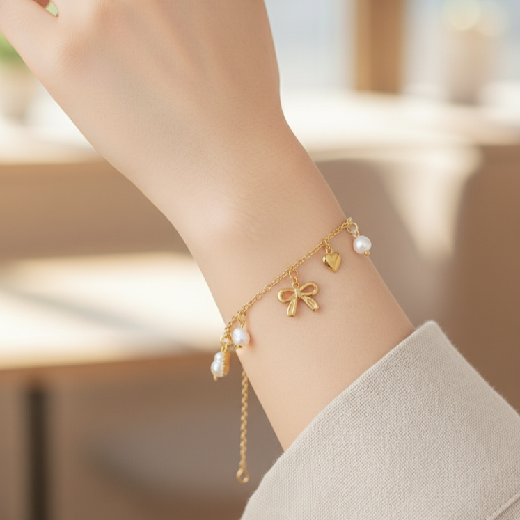 Clover Bow and Pearl Charm Bracelets