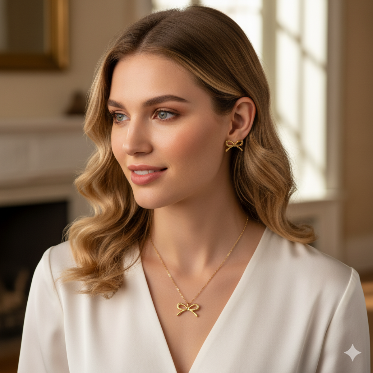 Gold-Plated Bow Necklace Set with Earrings for Women