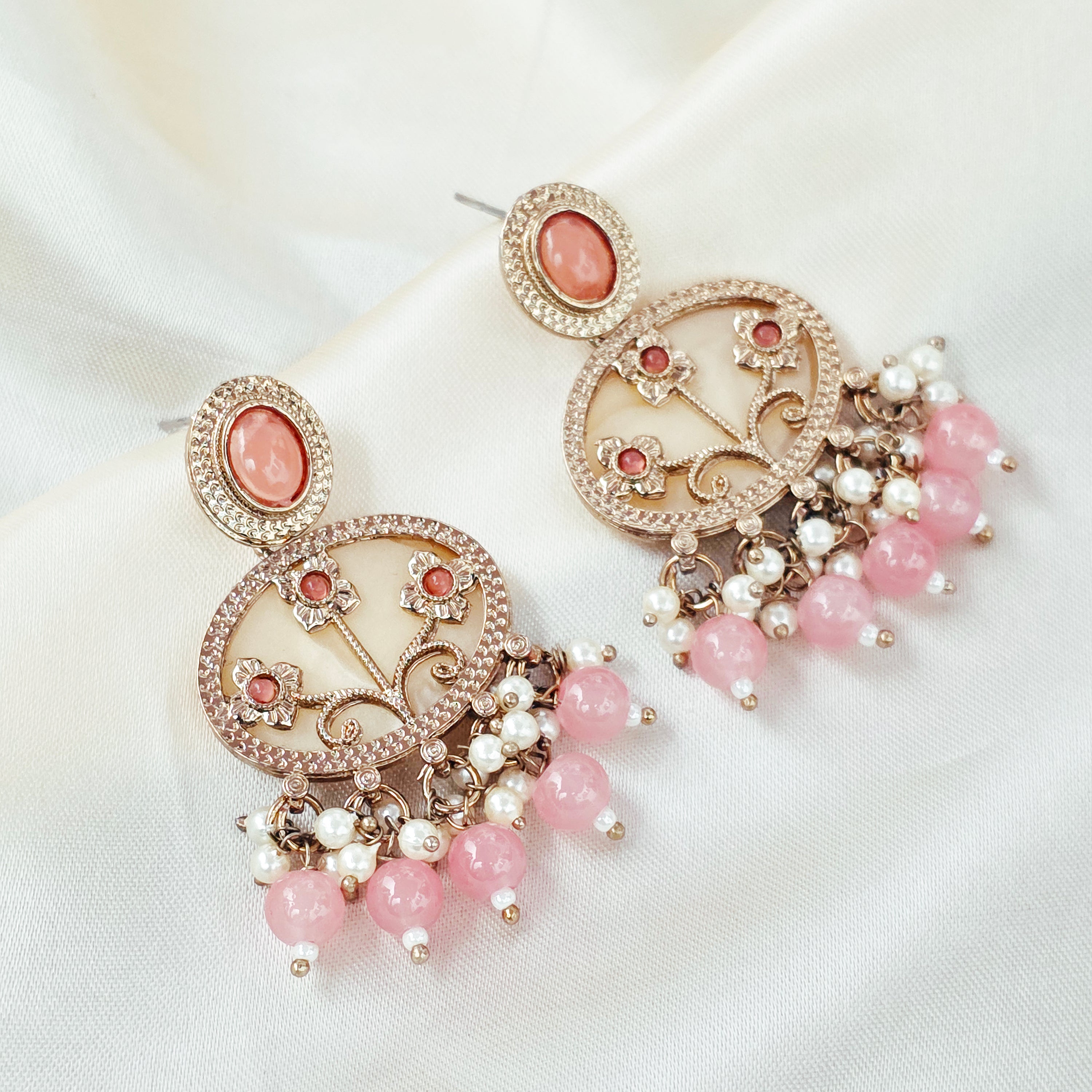 Gold Plated Pink Bead Chandbali Earrings for Women