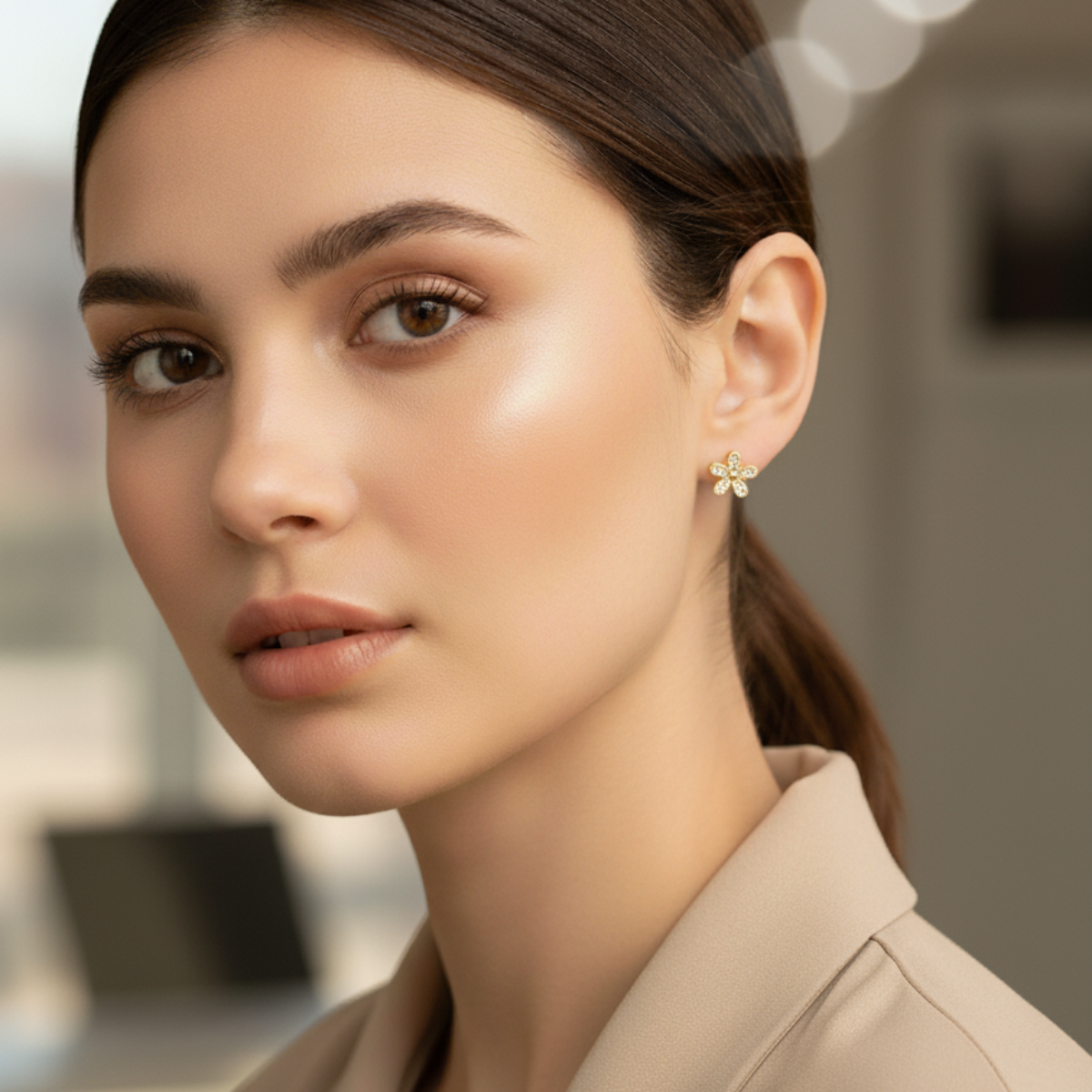 18k Gold Plated Flower Diamond Earring