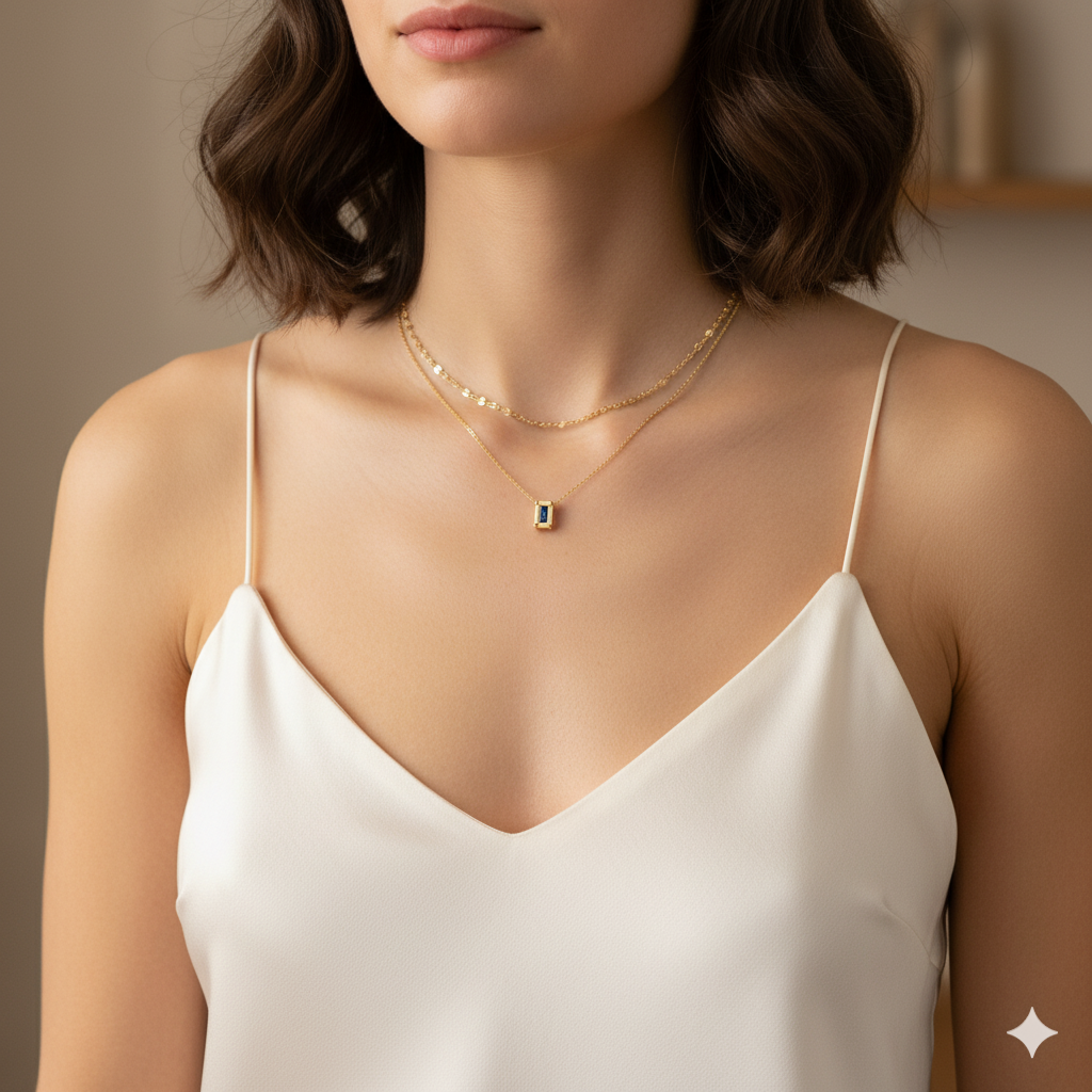 18k Gold Plated Double Chain Rectangle Diamond Pendant