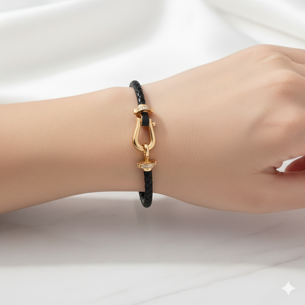 Black Leather Bracelet with Gold-Plated Clasp