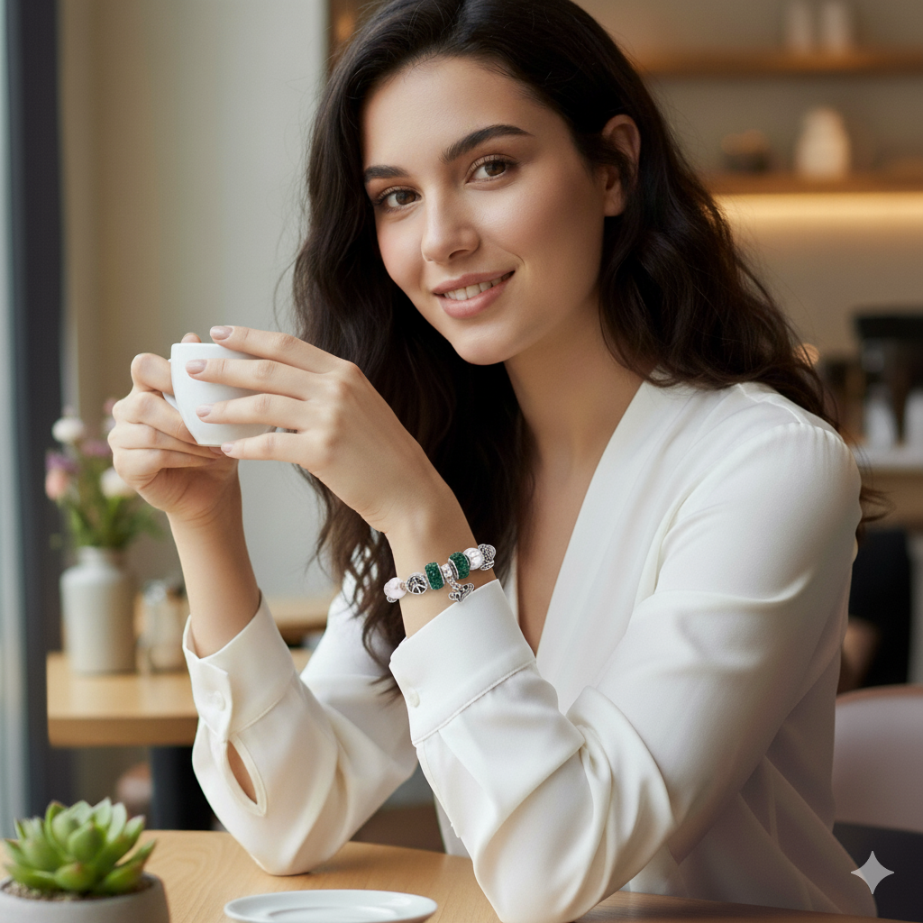 Charm Bracelet with Green Gemstone Beads and Heart Pendant
