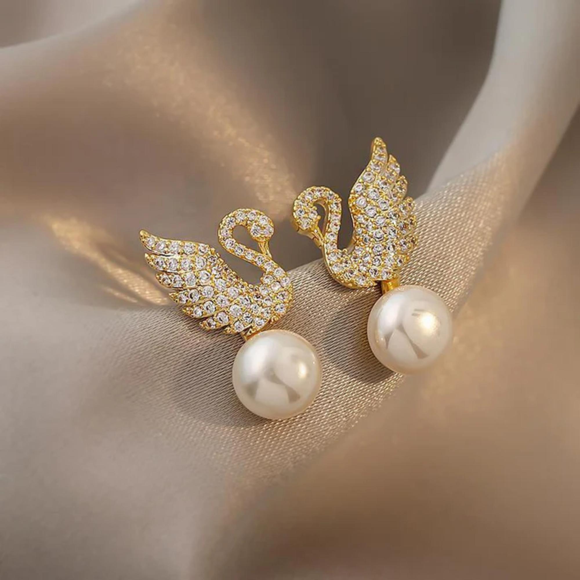 Korean Gold Swan Pearl Drop Earring for Girls