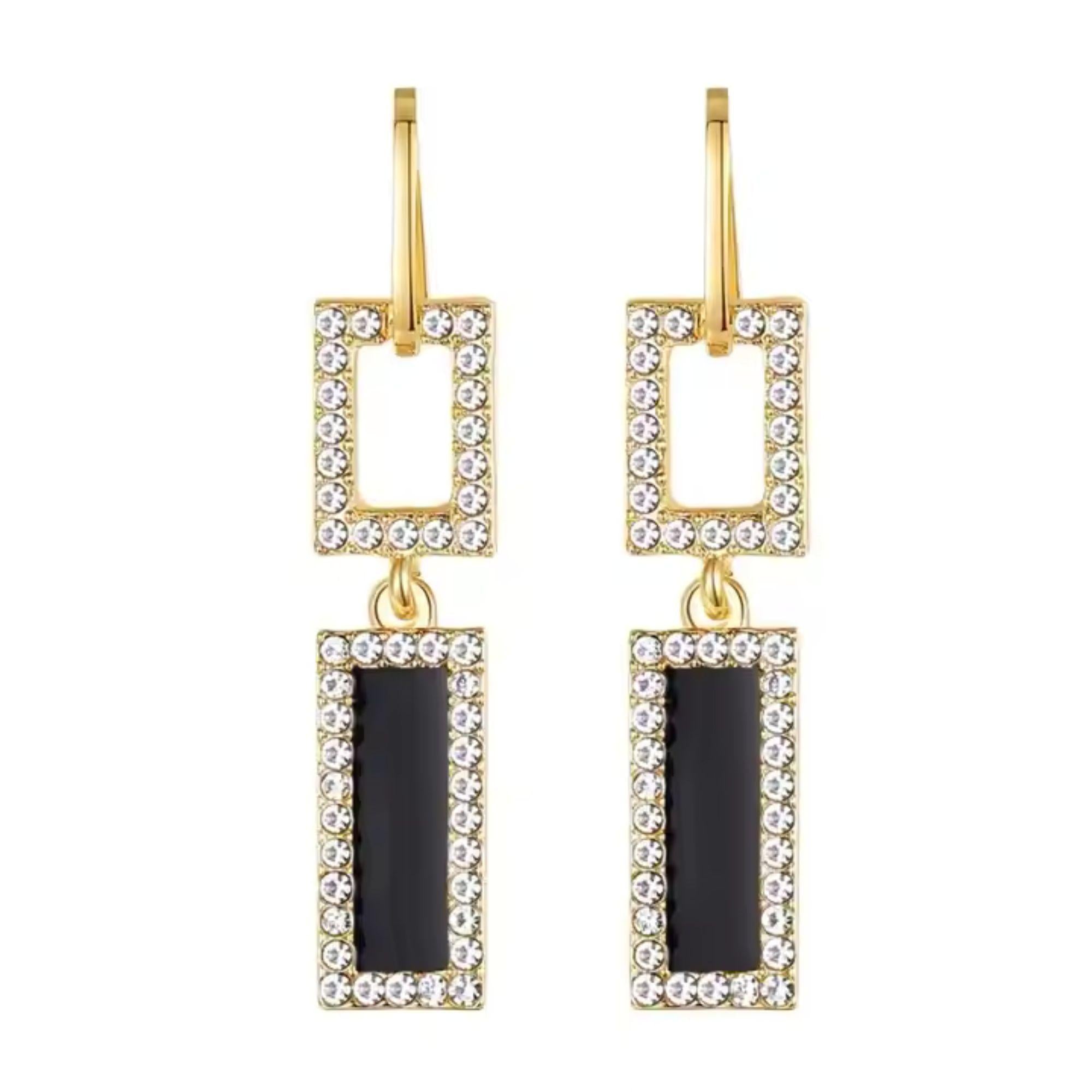 Crystal Black and Gold Rhinestone Double Rectangle Drop Earring for Women and Girls