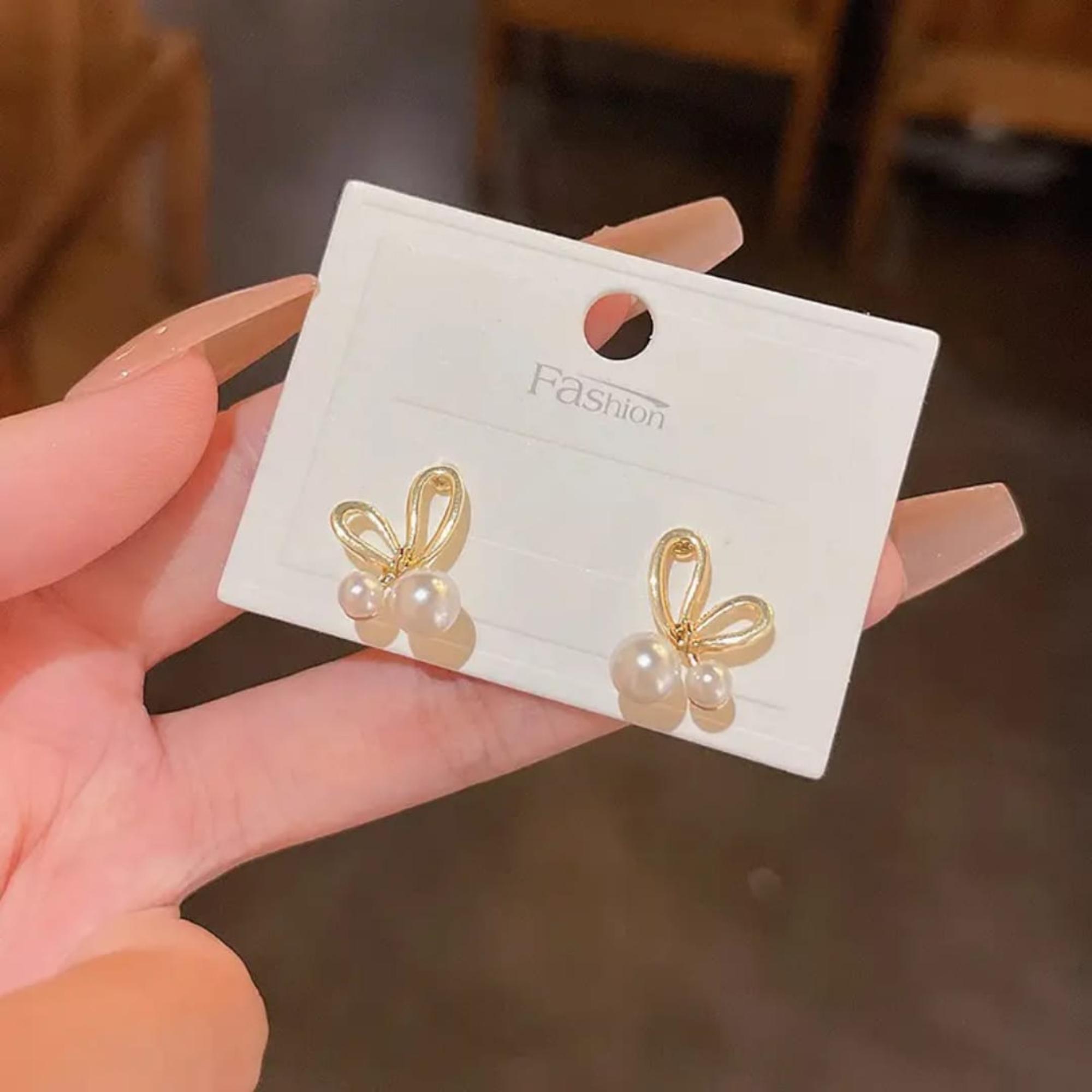 Enmode Latest Stylish Cute Bow Tie Pearl Stud Earring for Women and Girls