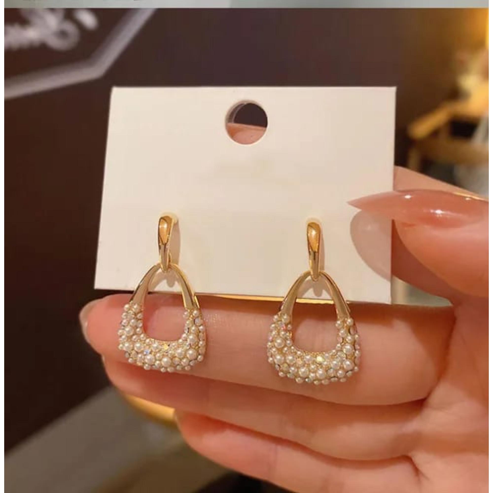 Enmode Latest Stylish Zircon Pearl Exquisite Simple Water Drop Shape Earring for Women and Girls