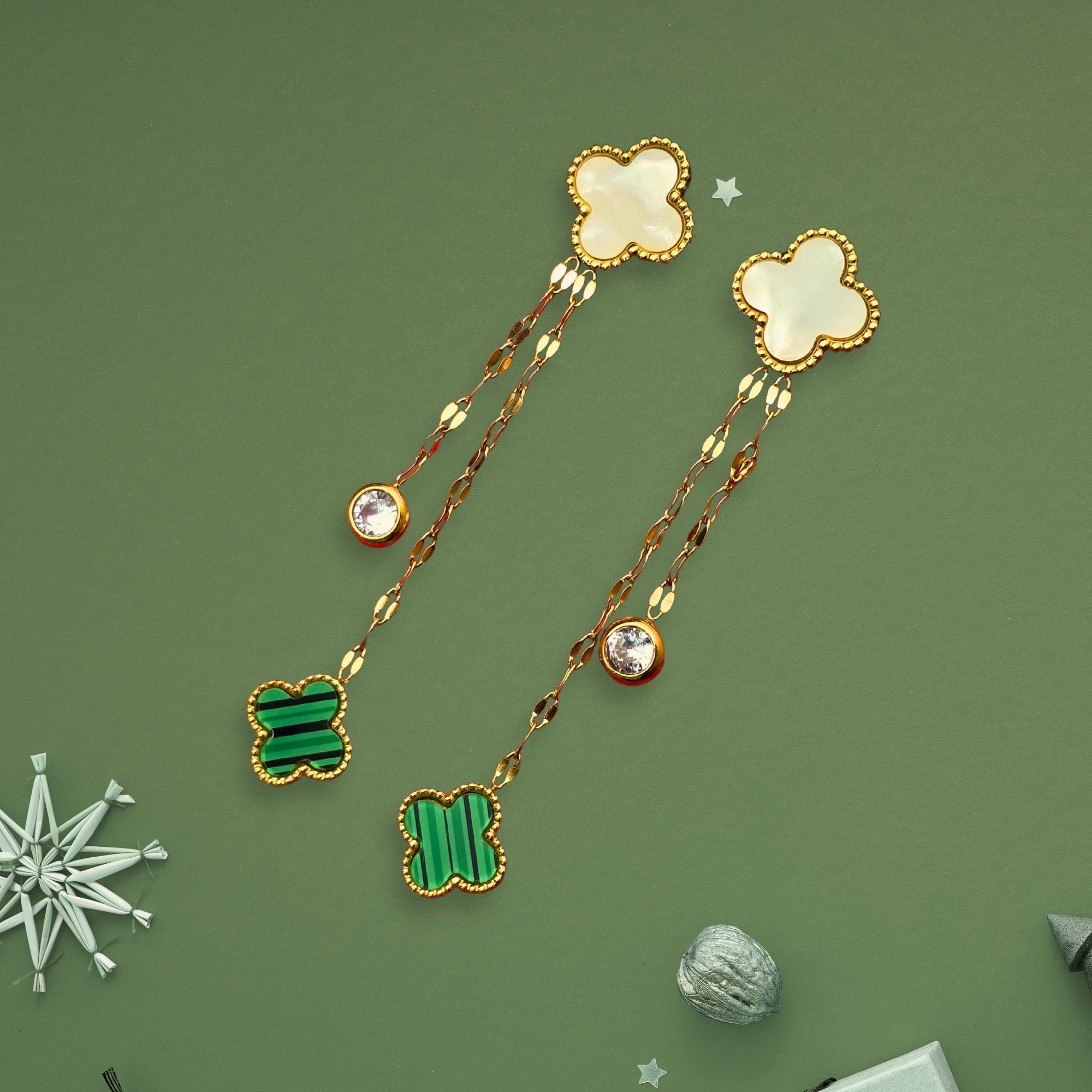 Stainless Steel Jewelry Zircon Green Four-leaf Clover Long Drop Earring for Women and Girls