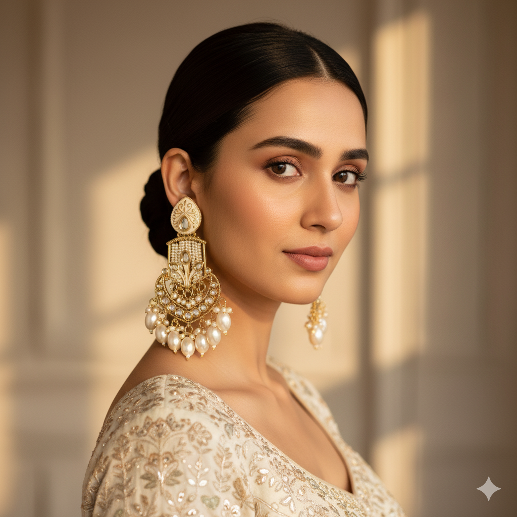 Gold-Plated Kundan Pearl Chandbali Earrings