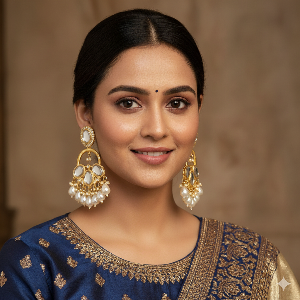 Golden Kundan Chandbali Earrings with White beads