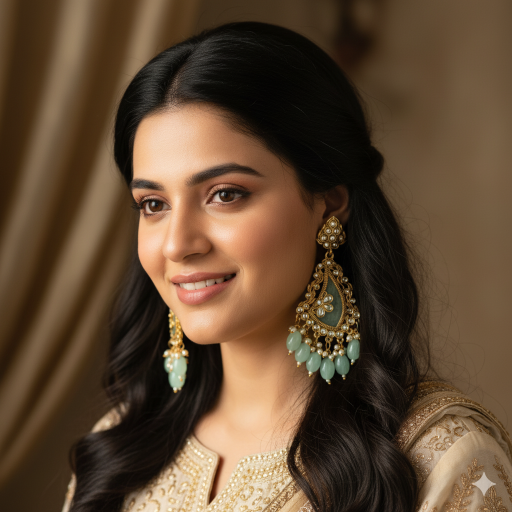 Gold Plated Kundan Dangler Earrings with Mint Green Beads