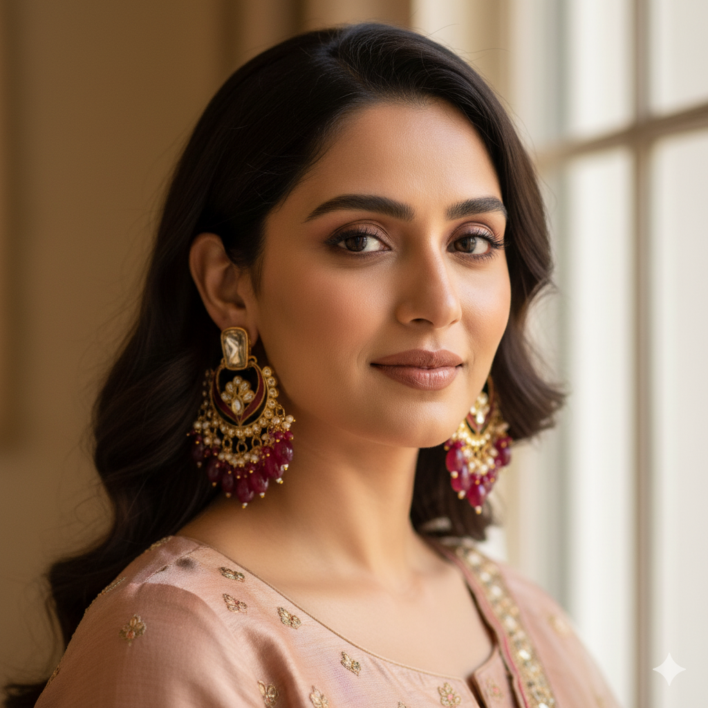 Gold-Plated Kundan Pink Pearl Drop Chandbali Earrings for Women and Girls