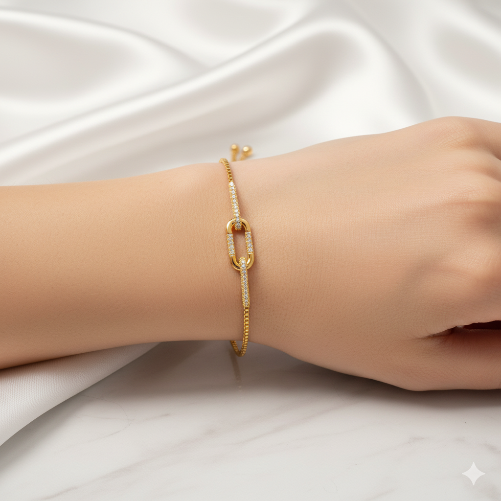 Gold-Plated Adjustable Chain Bracelet with Pave Link Design