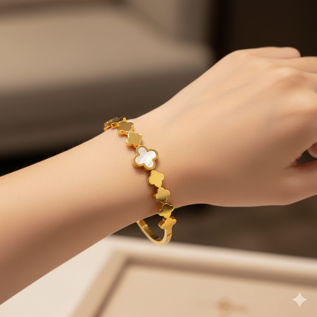 Gold-Plated Clover Charm Bracelet with Mother of Pearl Inlay
