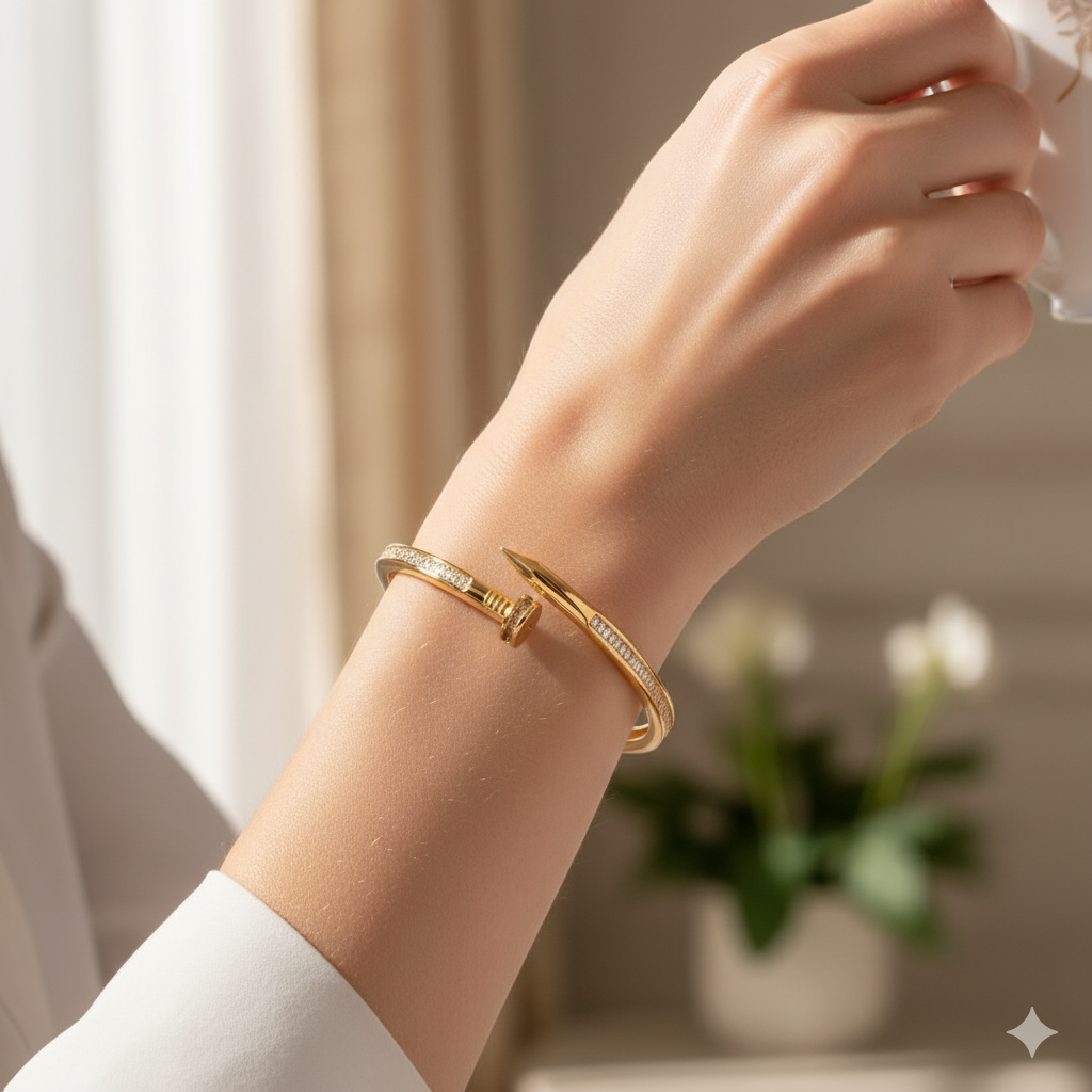 Gold Plated Nail Design Bangle Bracelet with Embedded Stones