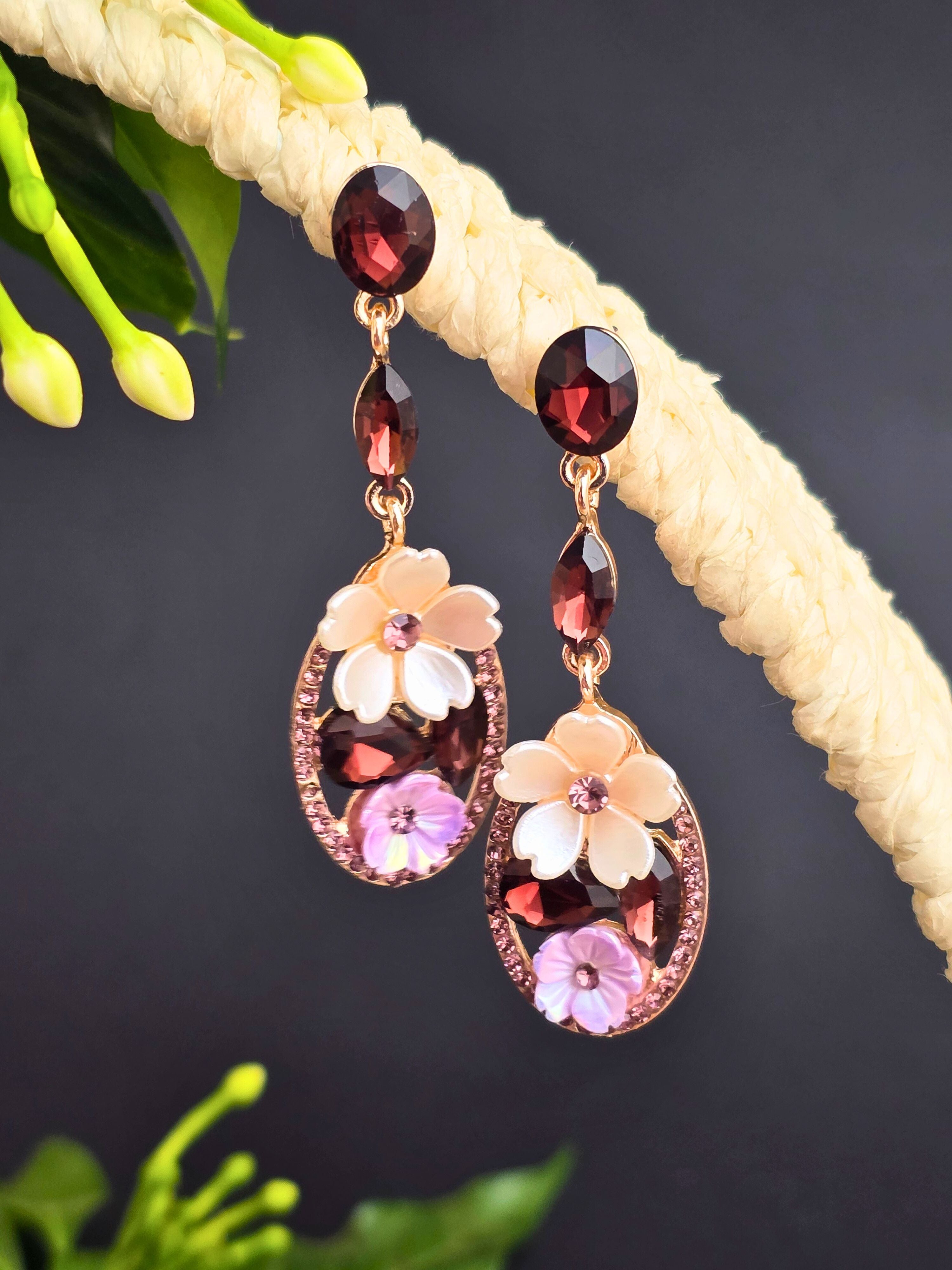Rose Gold Oval Shape Multicolor Floral Dangle Earrings