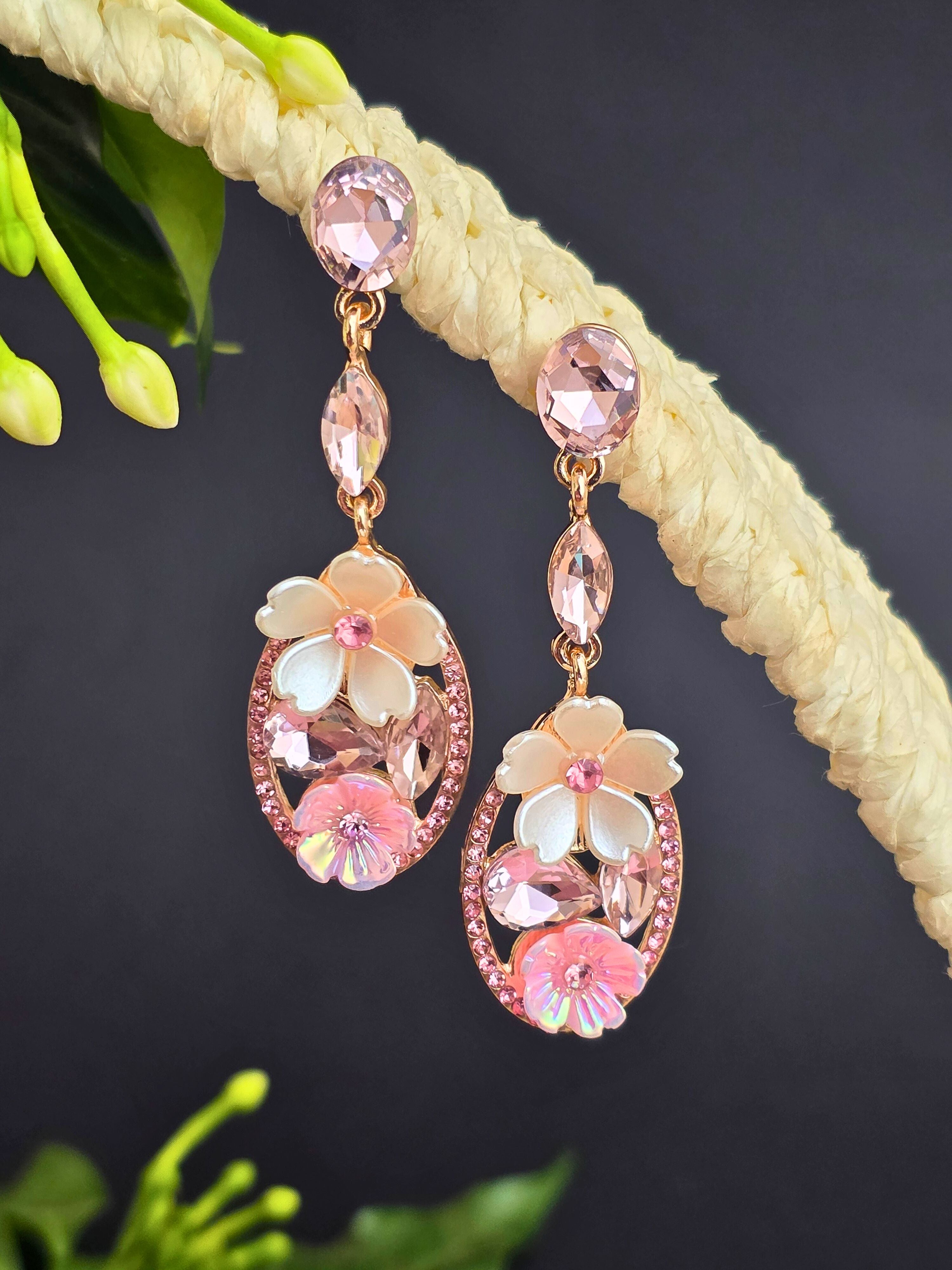 Rose Gold Oval Shape Multicolor Floral Dangle Earrings