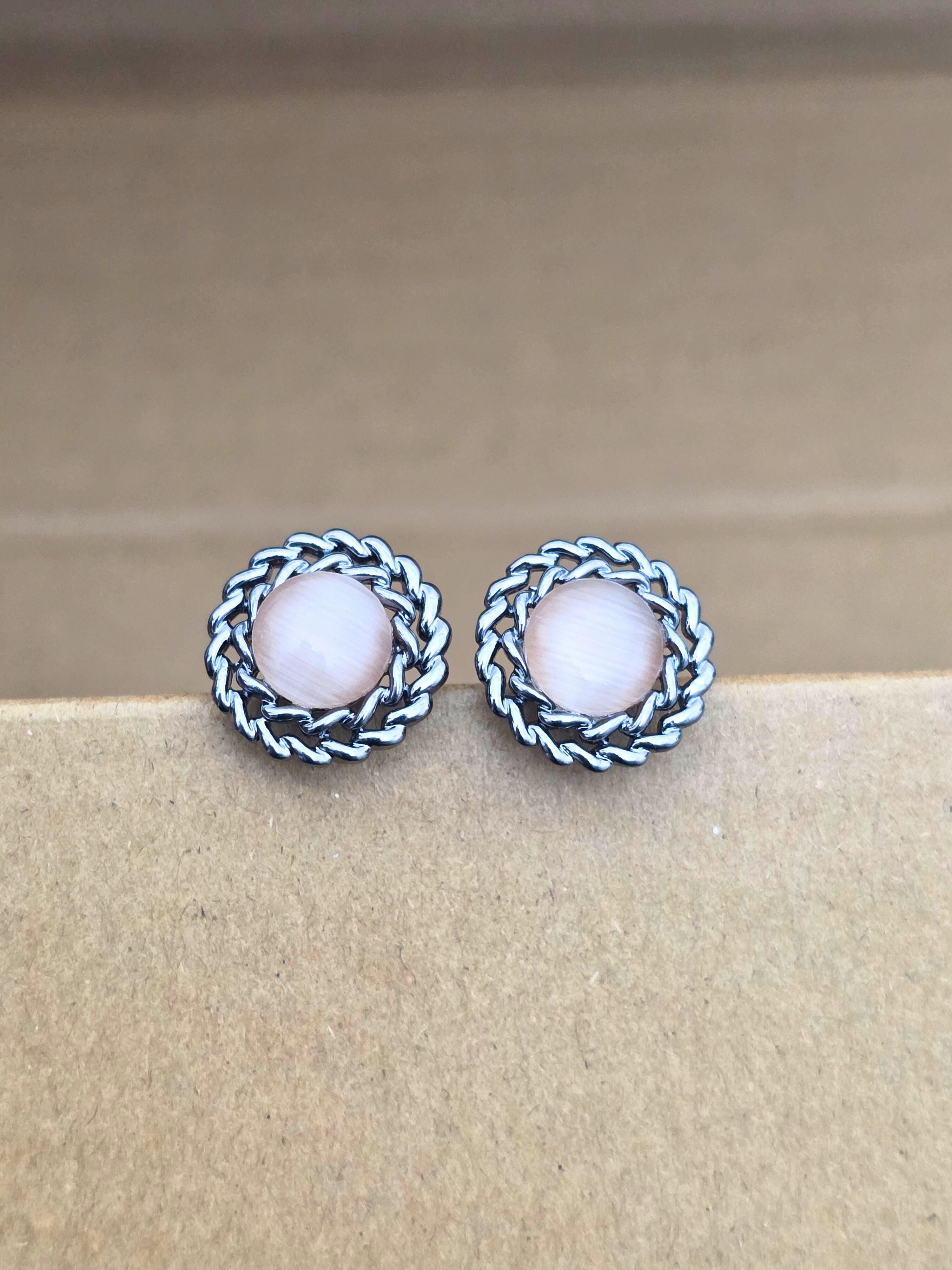 Classic Silver-Plated Round Stud Earrings with Beige Stone Accent