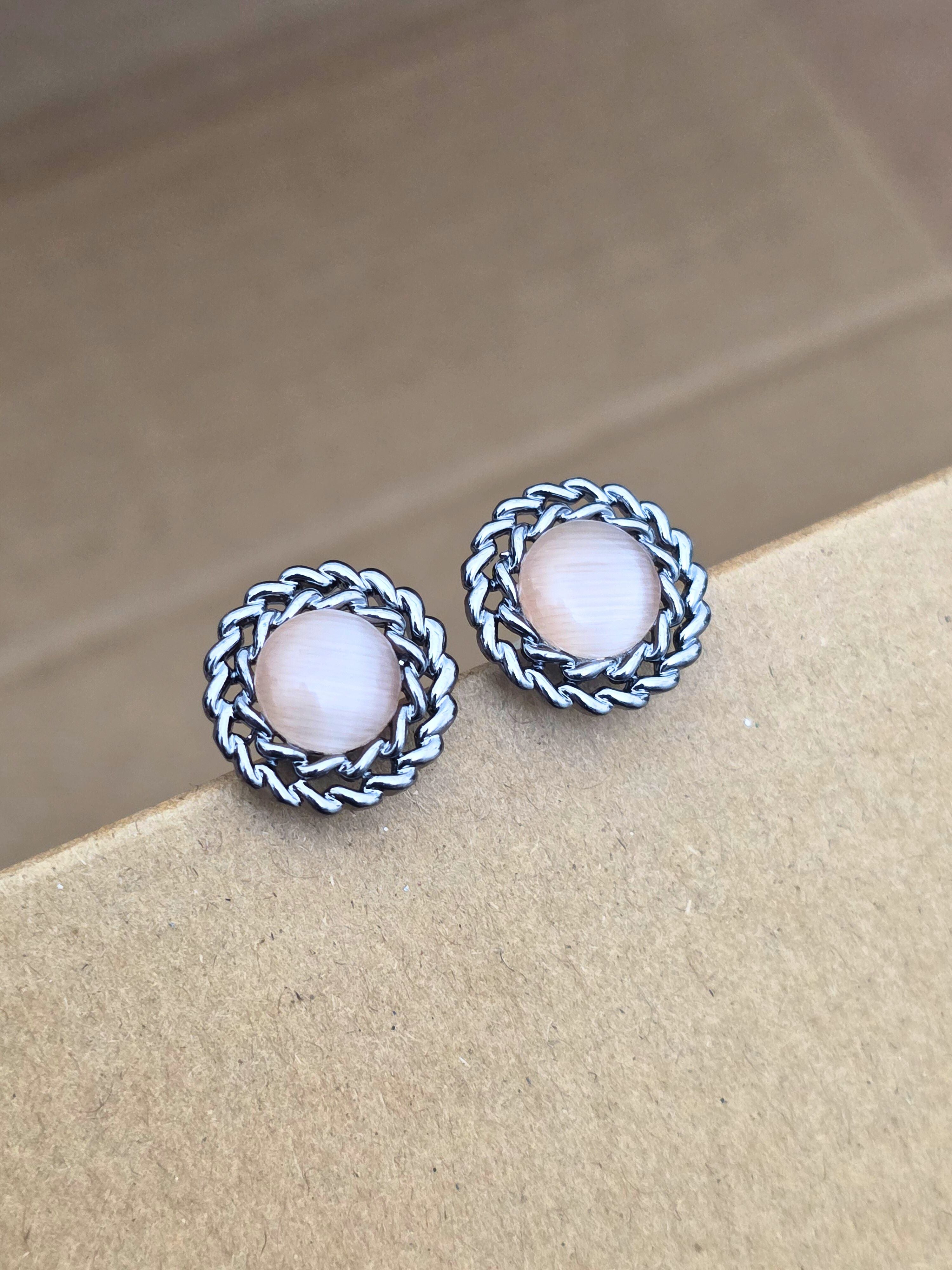 Classic Silver-Plated Round Stud Earrings with Beige Stone Accent