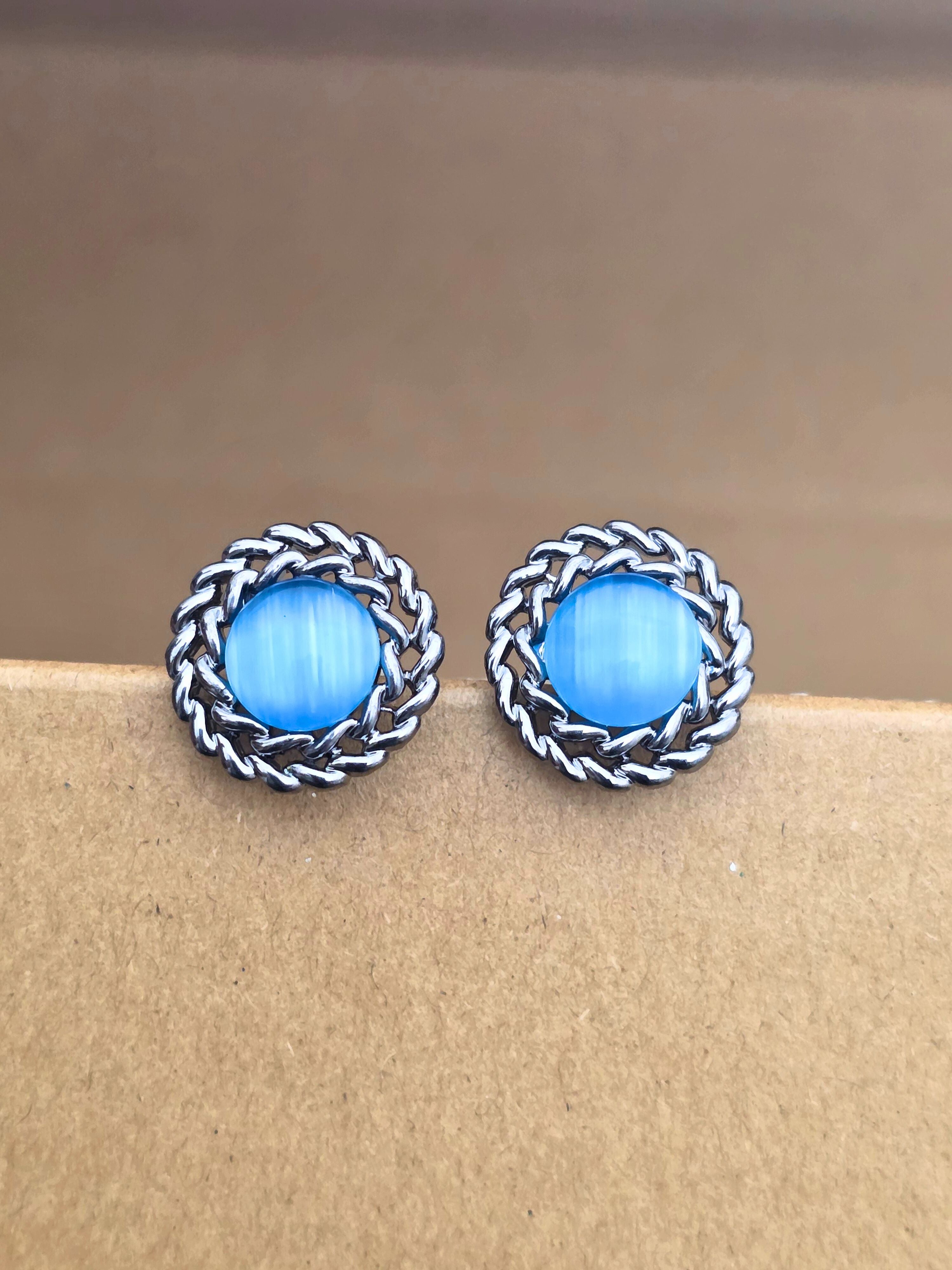 Classic Silver-Plated Round Stud Earrings with Blue Stone Accent