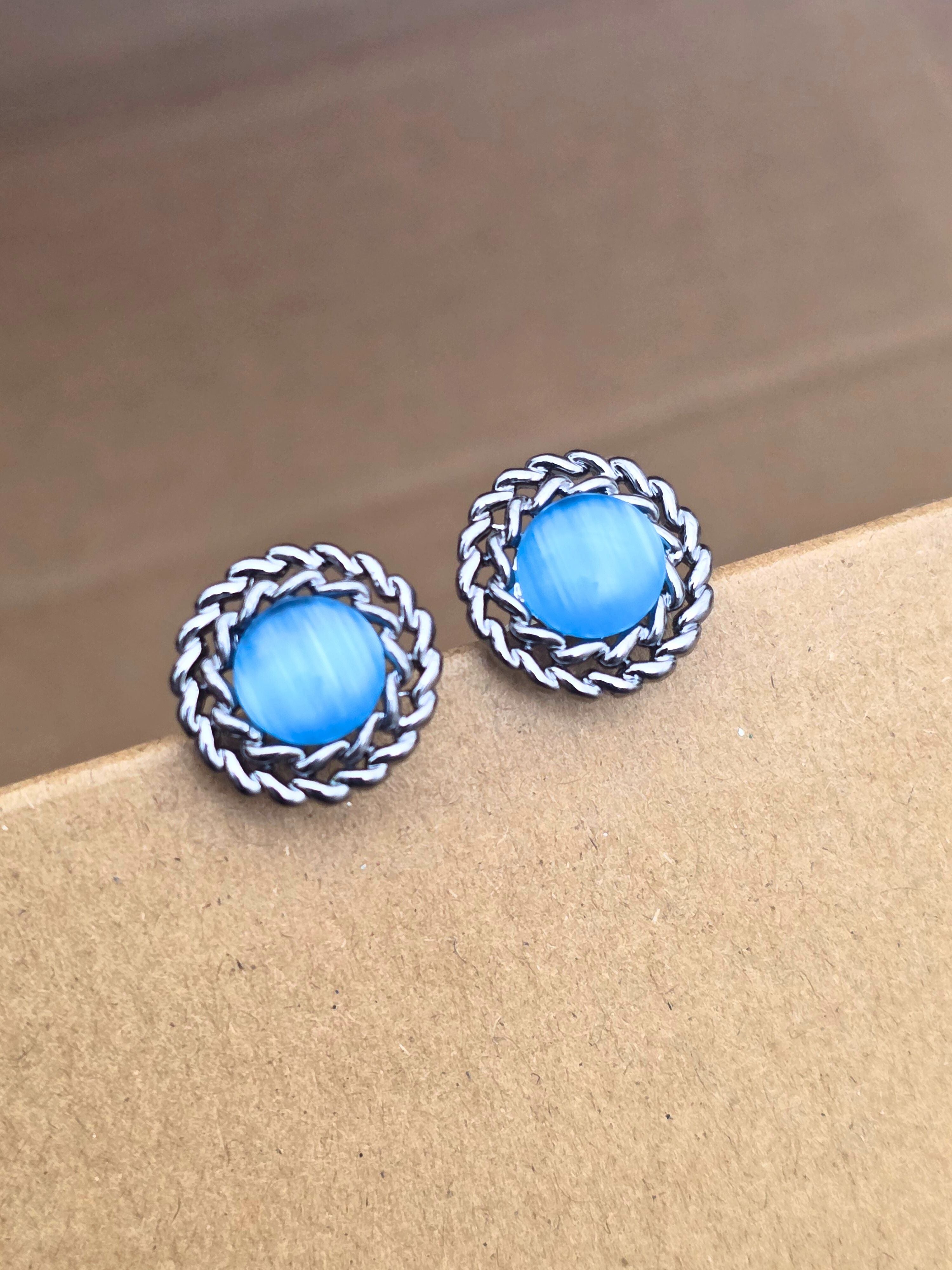 Classic Silver-Plated Round Stud Earrings with Blue Stone Accent