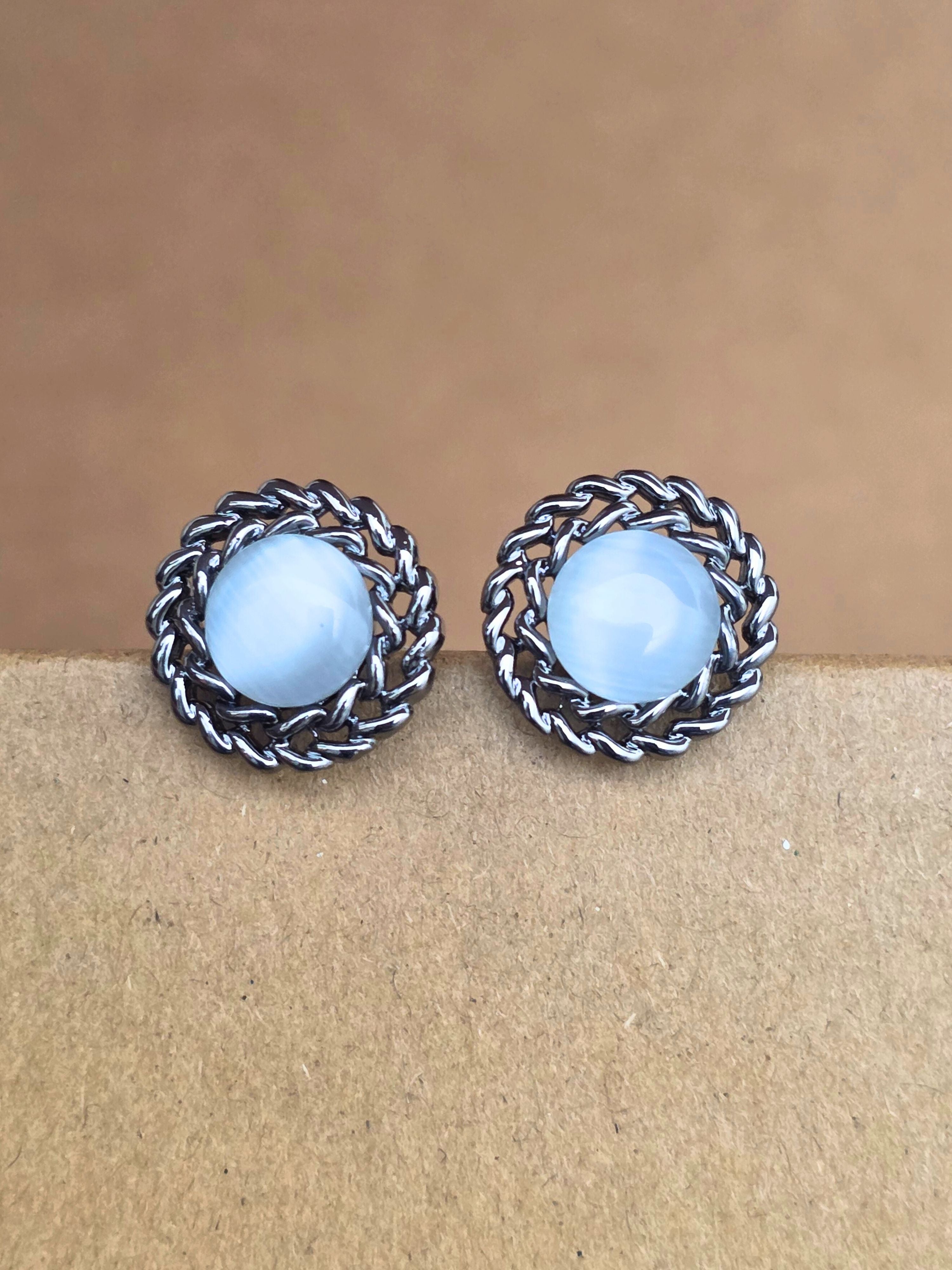 Classic Silver-Plated Round Stud Earrings with Grey Stone Accent