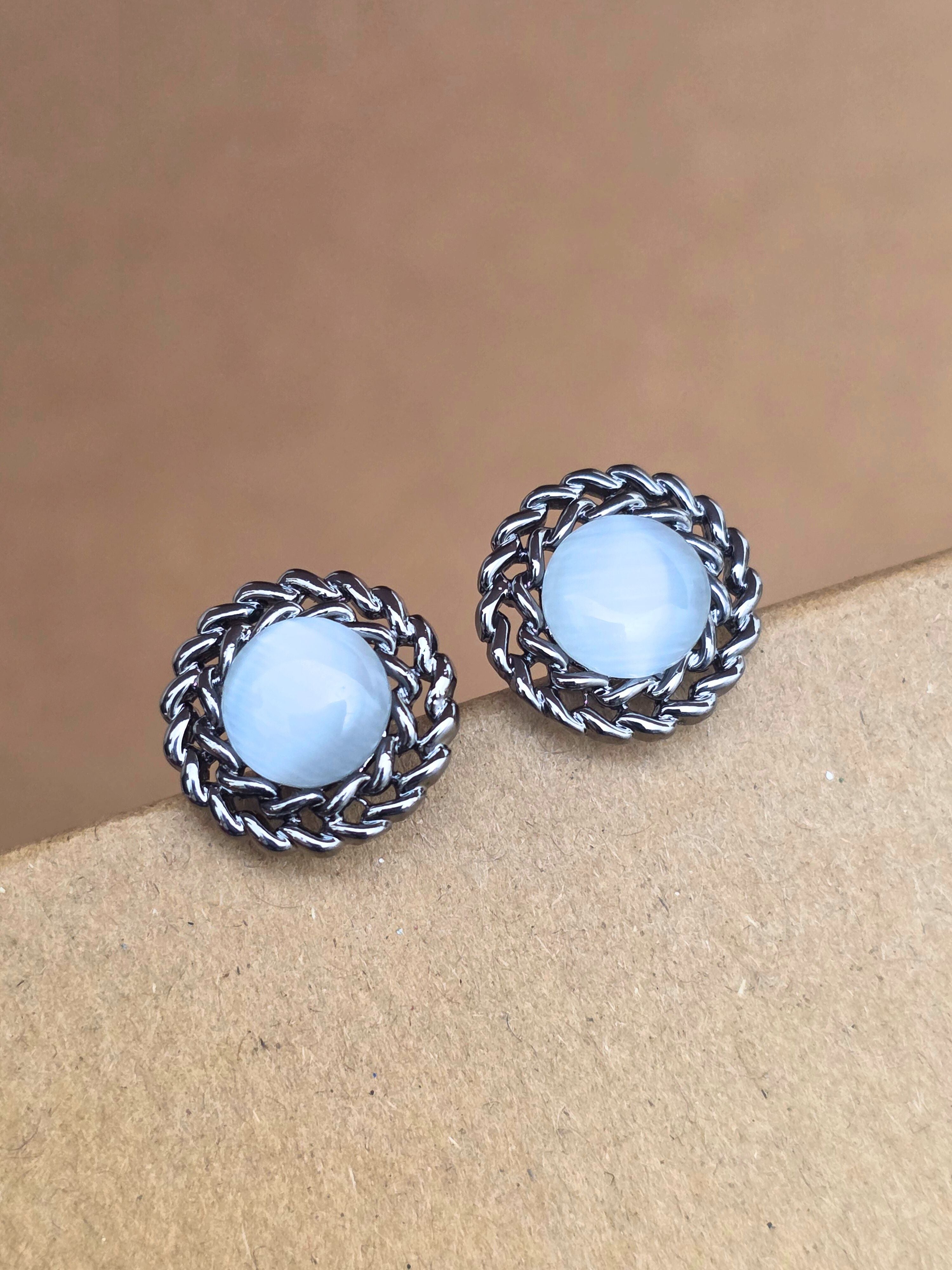 Classic Silver-Plated Round Stud Earrings with Grey Stone Accent