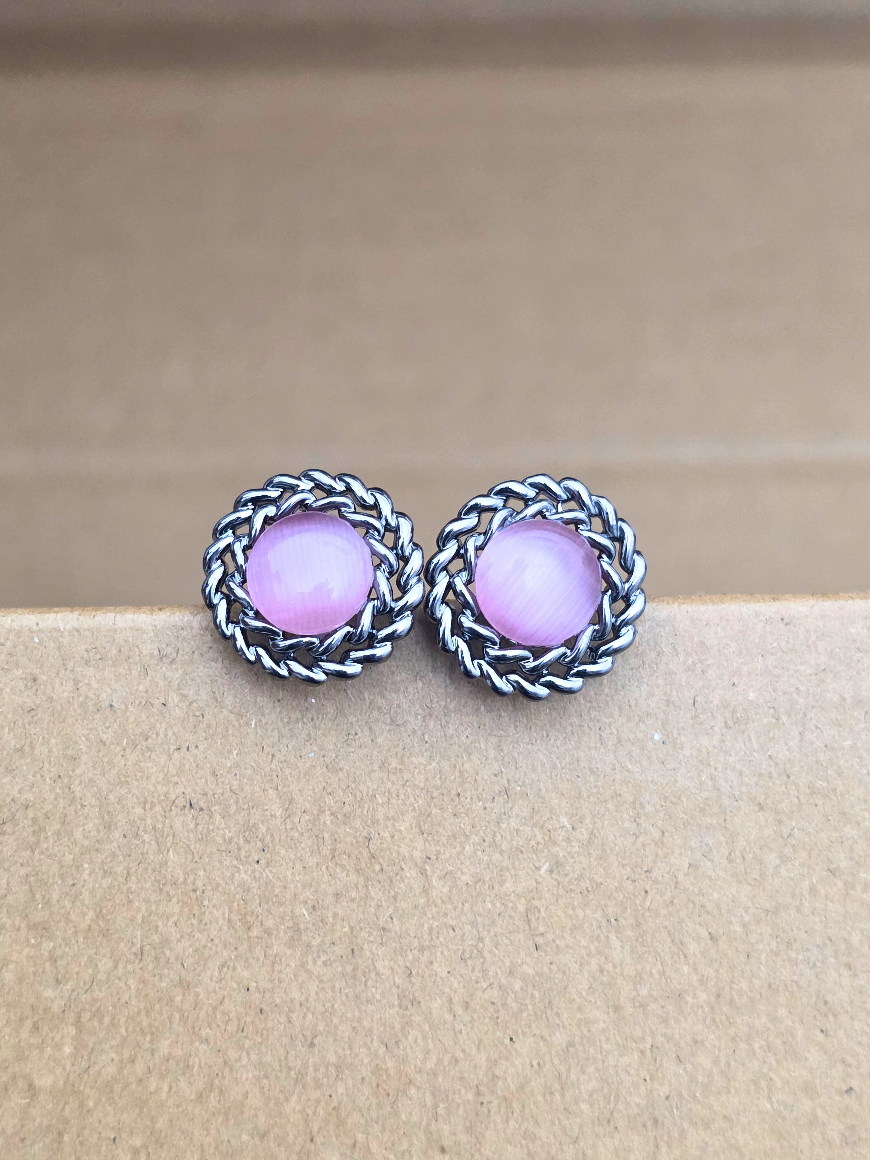 Classic Silver-Plated Round Stud Earrings with Rose Pink Stone Accent