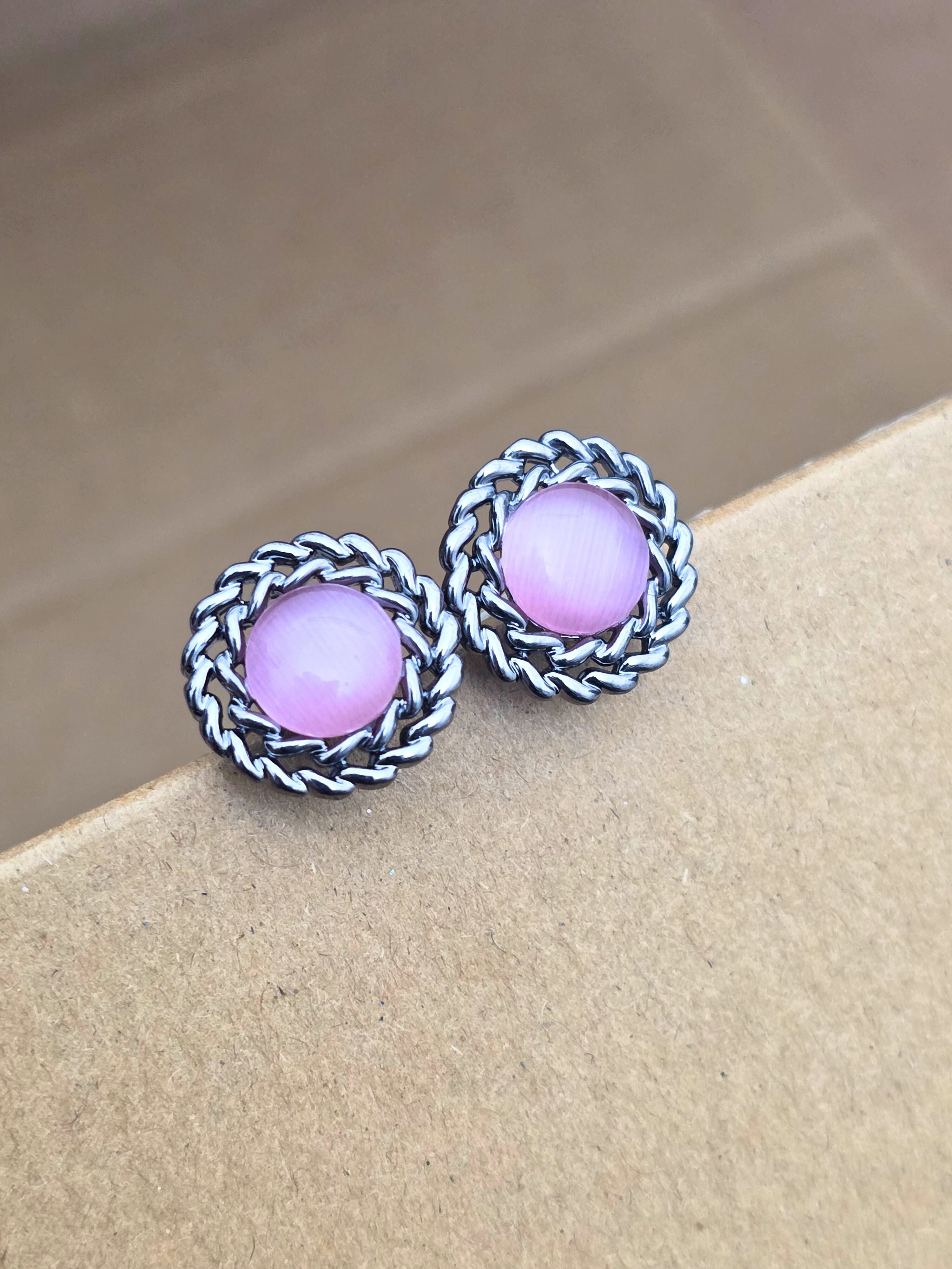 Classic Silver-Plated Round Stud Earrings with Rose Pink Stone Accent