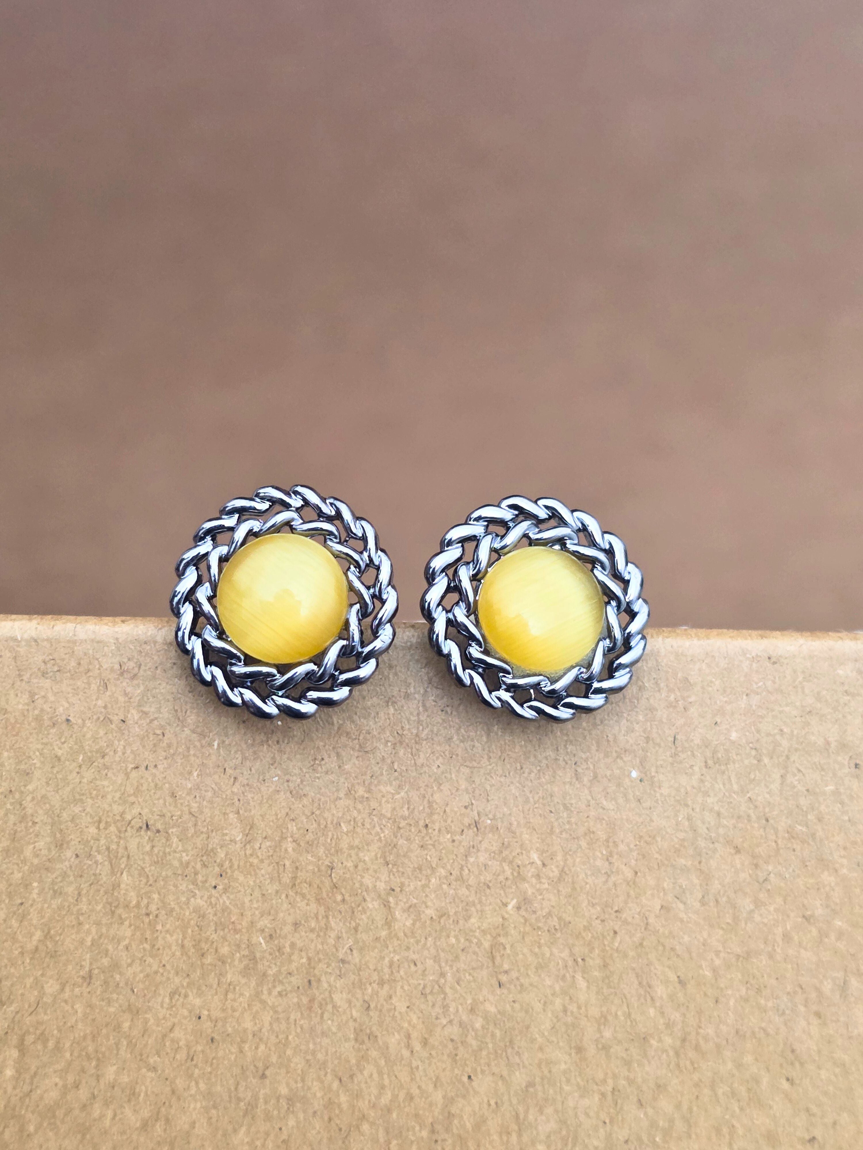 Classic Silver-Plated Round Stud Earrings with Yellow Stone Accent