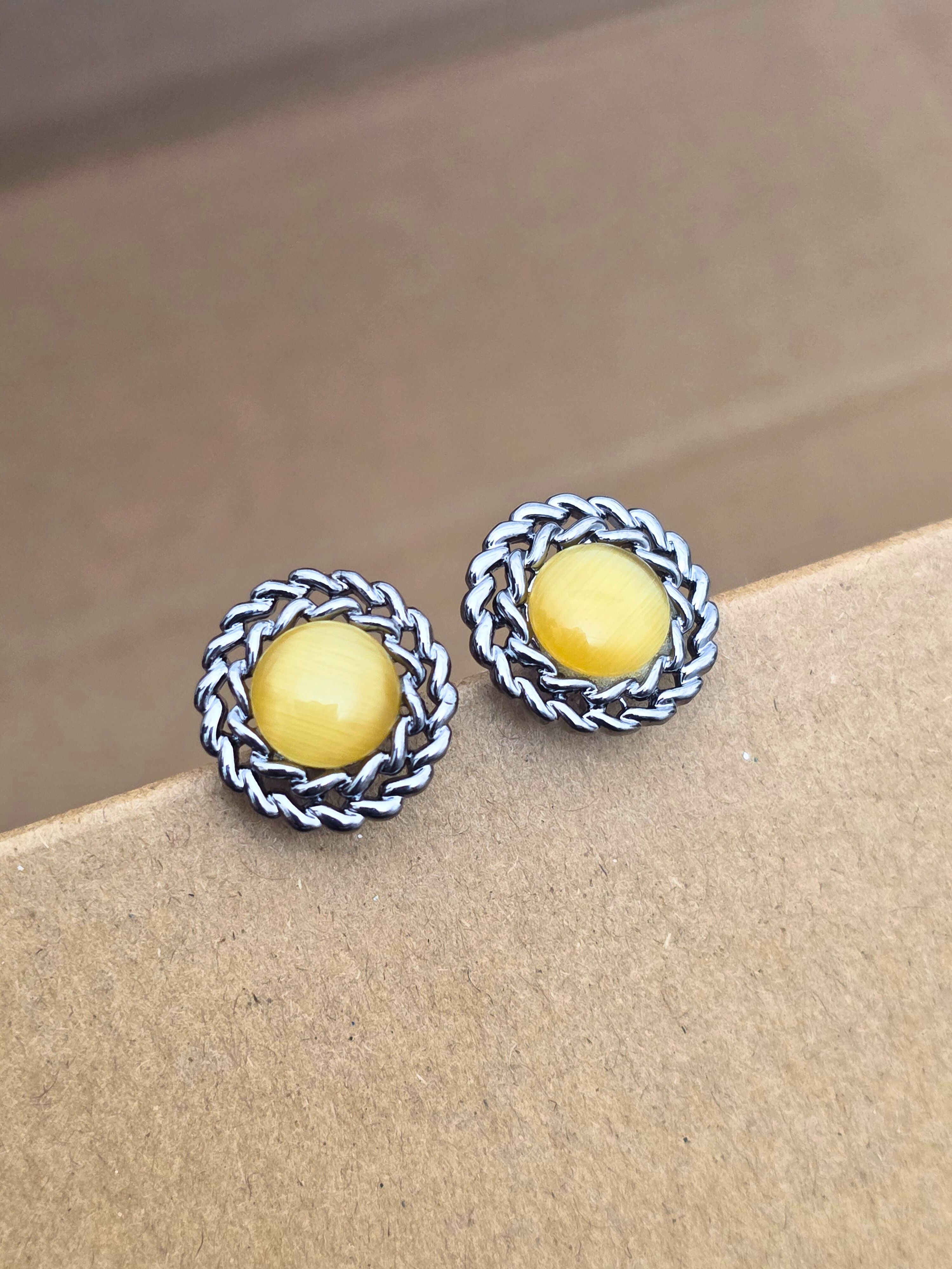 Classic Silver-Plated Round Stud Earrings with Yellow Stone Accent