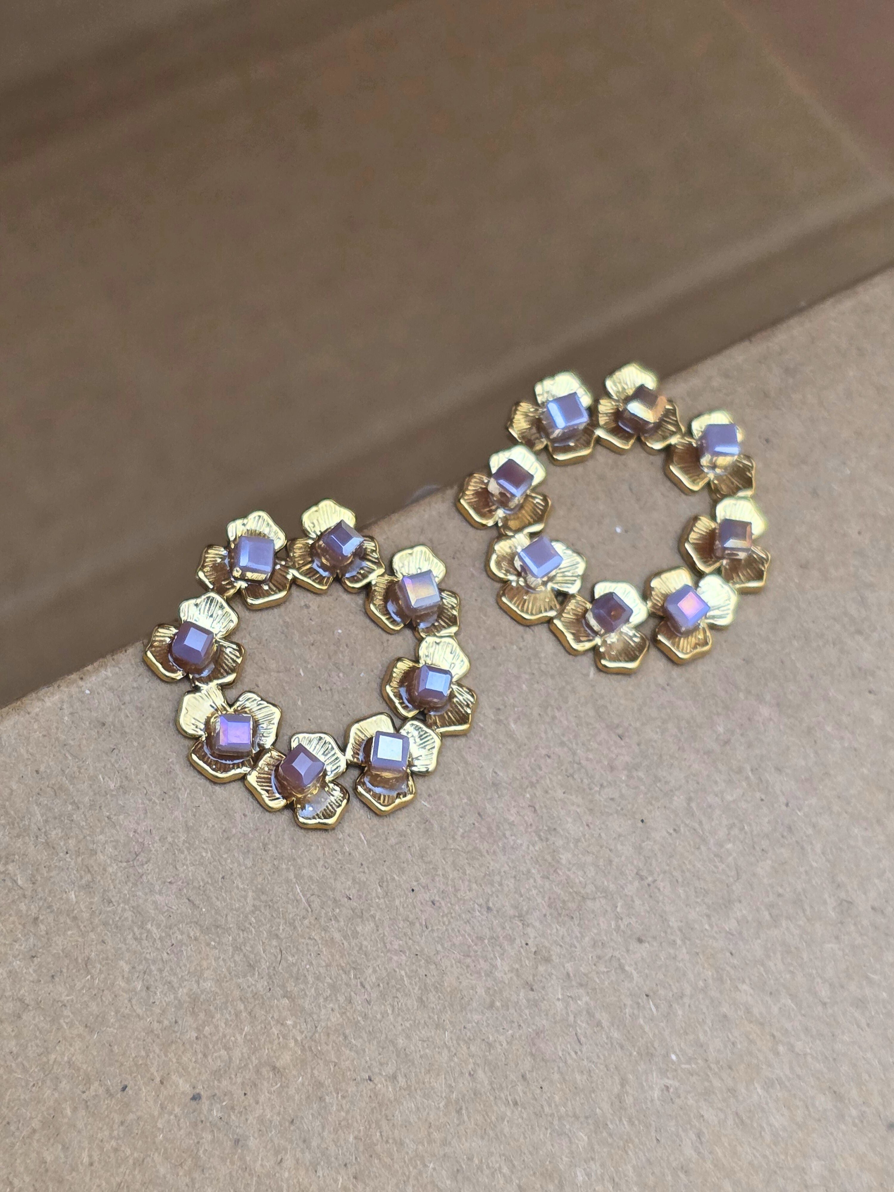 Gold-Plated Floral Hoop Earrings with Pink Stone Accents