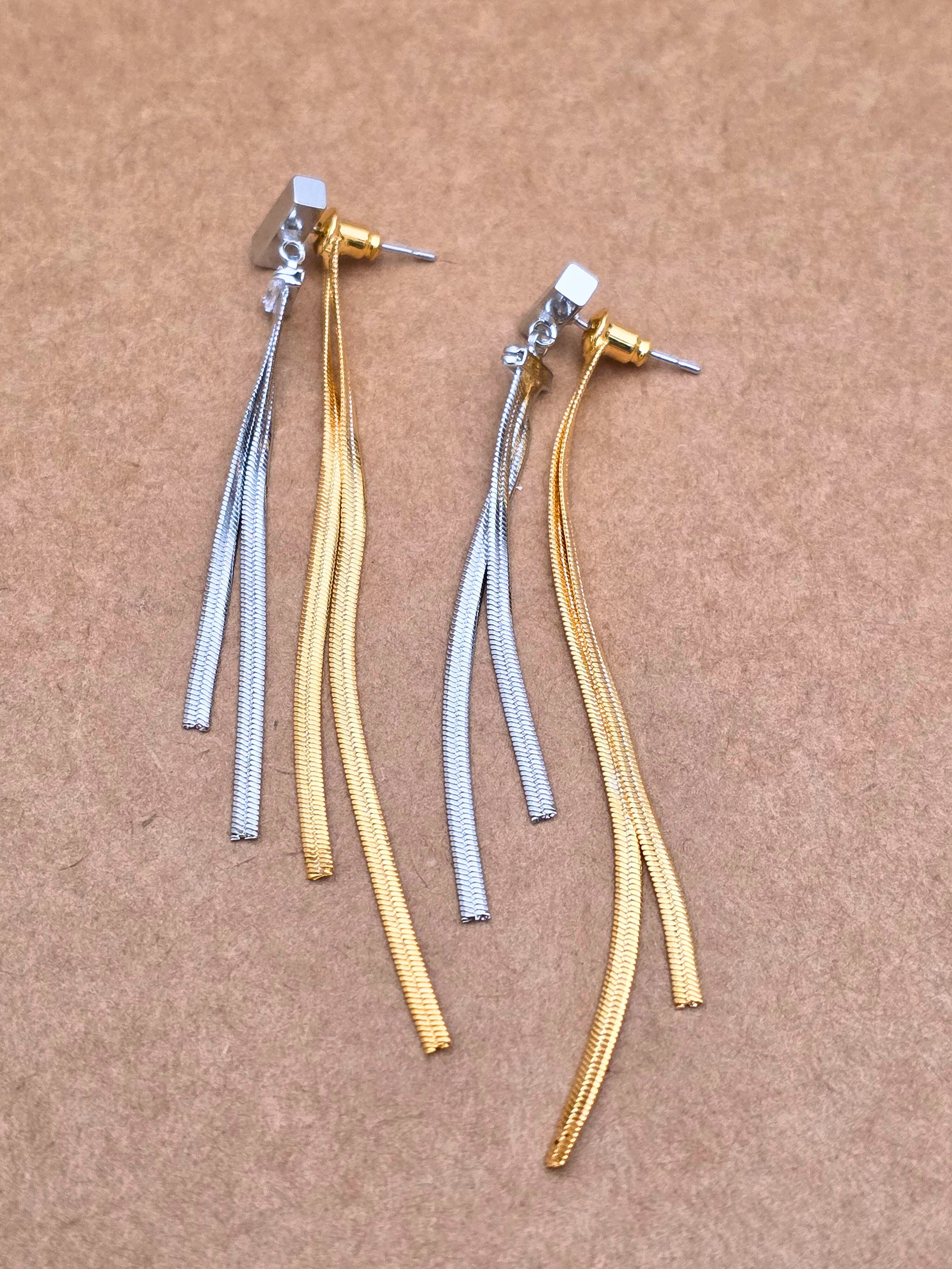 Gold and Silver-Toned Long Tassel Chain Earrings
