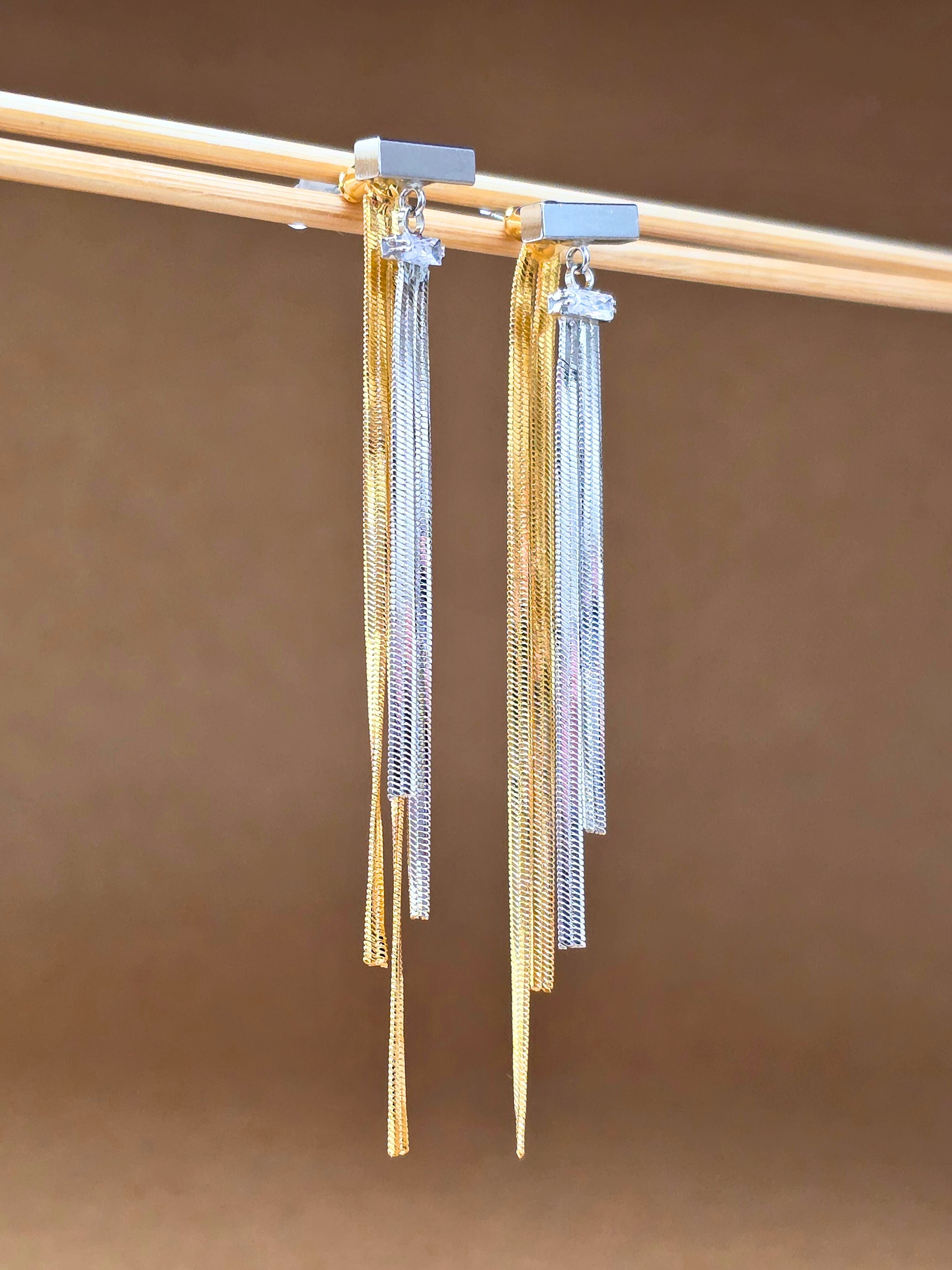 Gold and Silver-Toned Long Chain Earrings