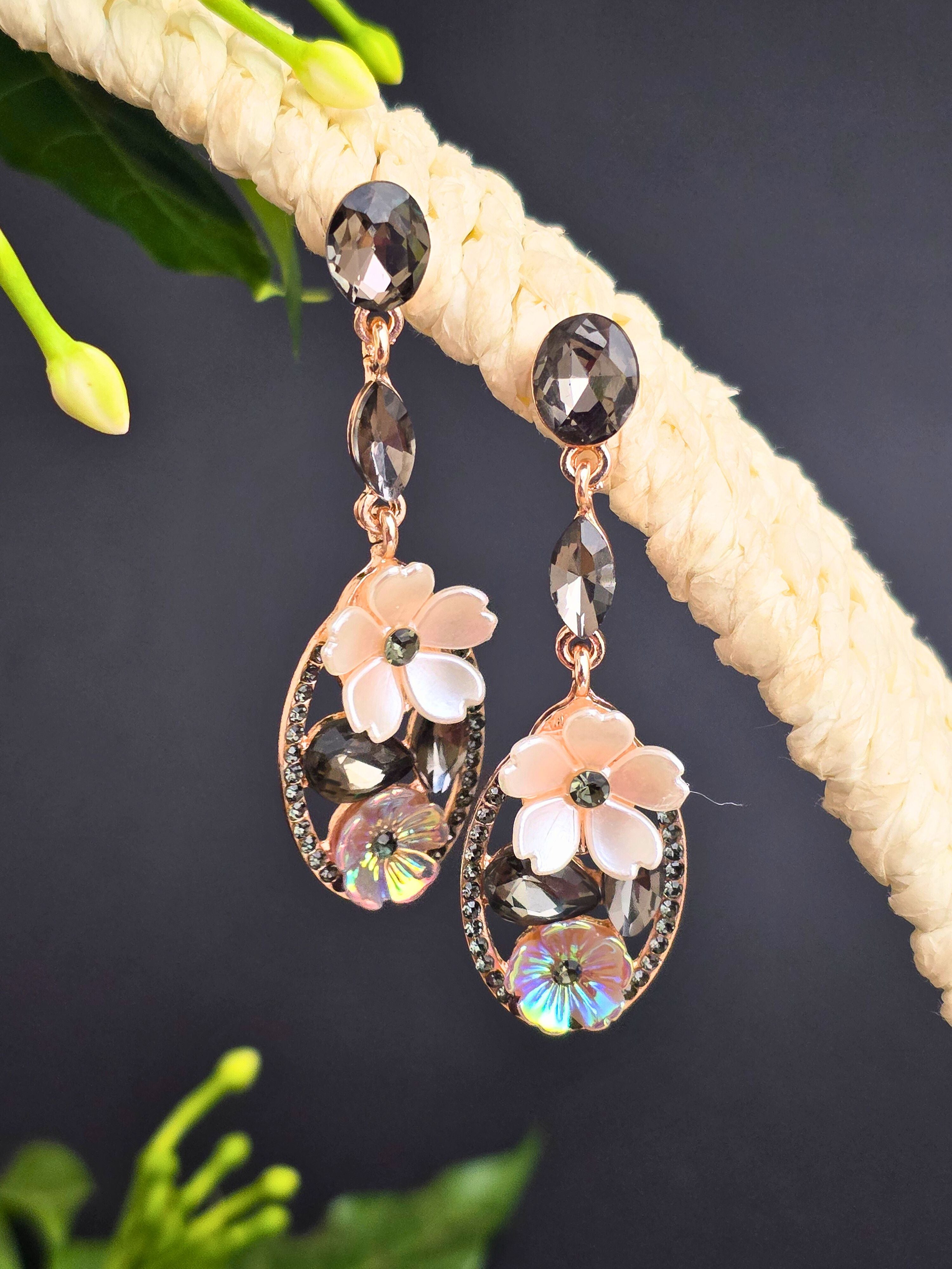 Rose Gold Oval Shape Multicolor Floral Dangle Earrings