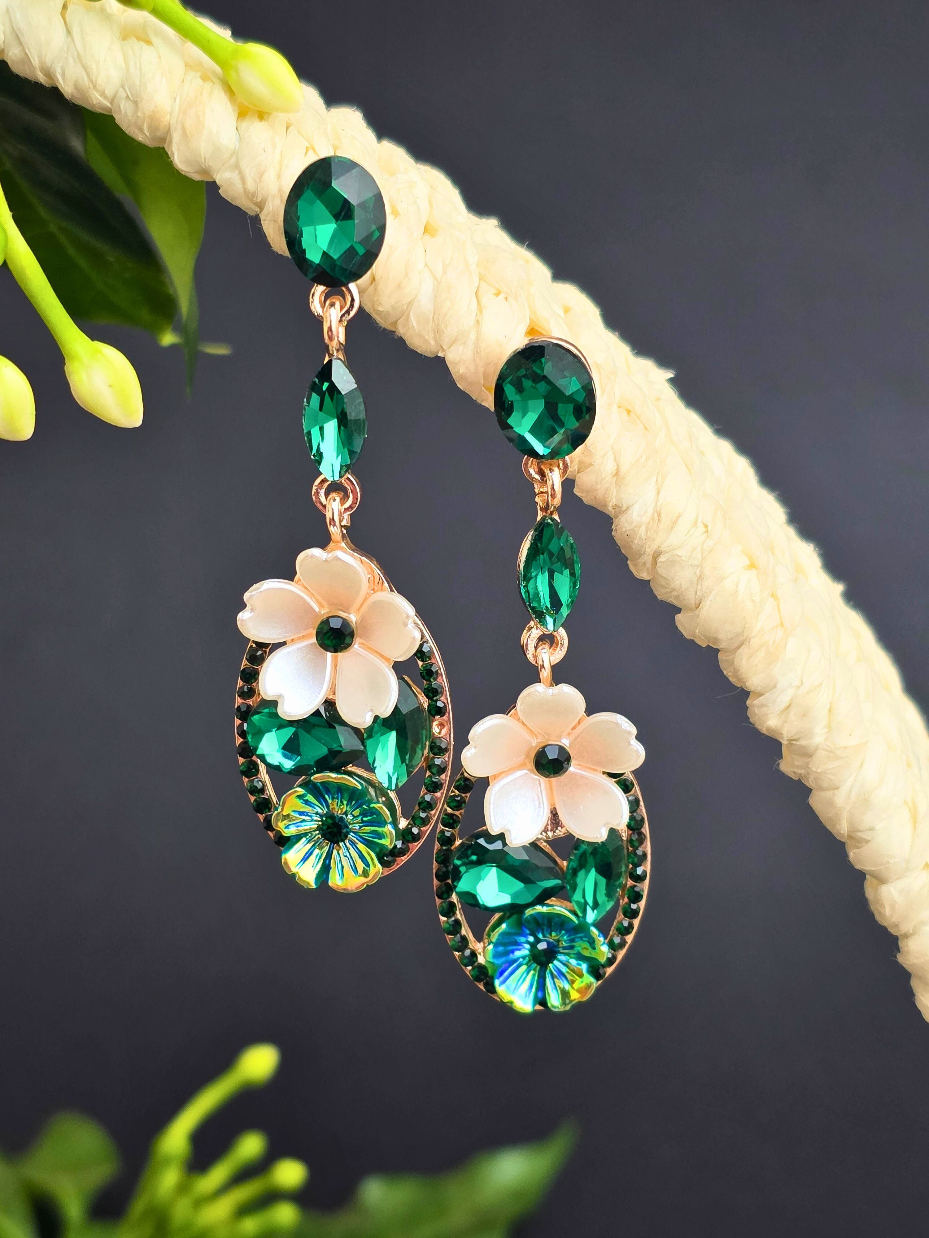 Rose Gold Oval Shape Multicolor Floral Dangle Earrings