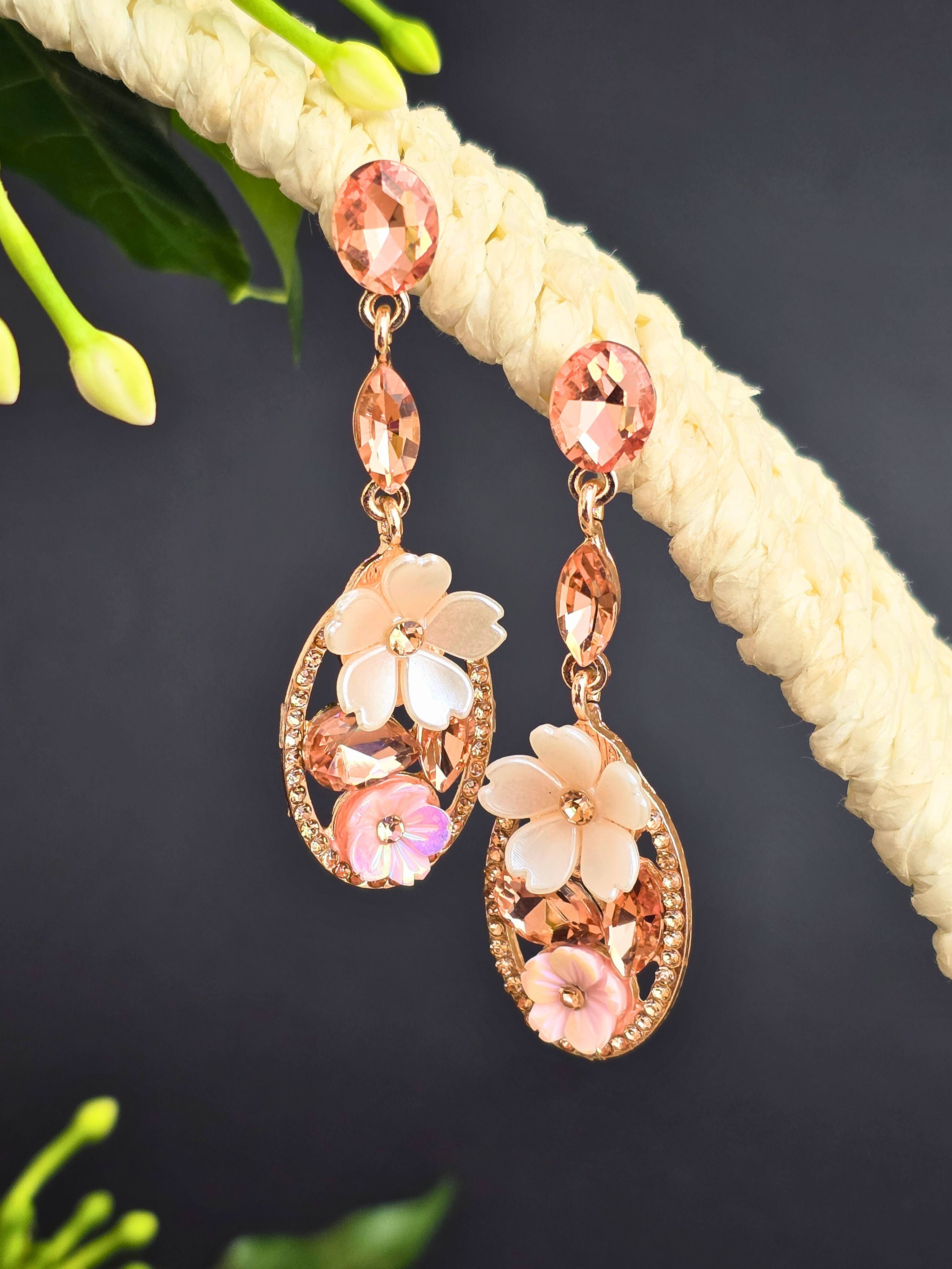 Rose Gold Oval Shape Multicolor Floral Dangle Earrings