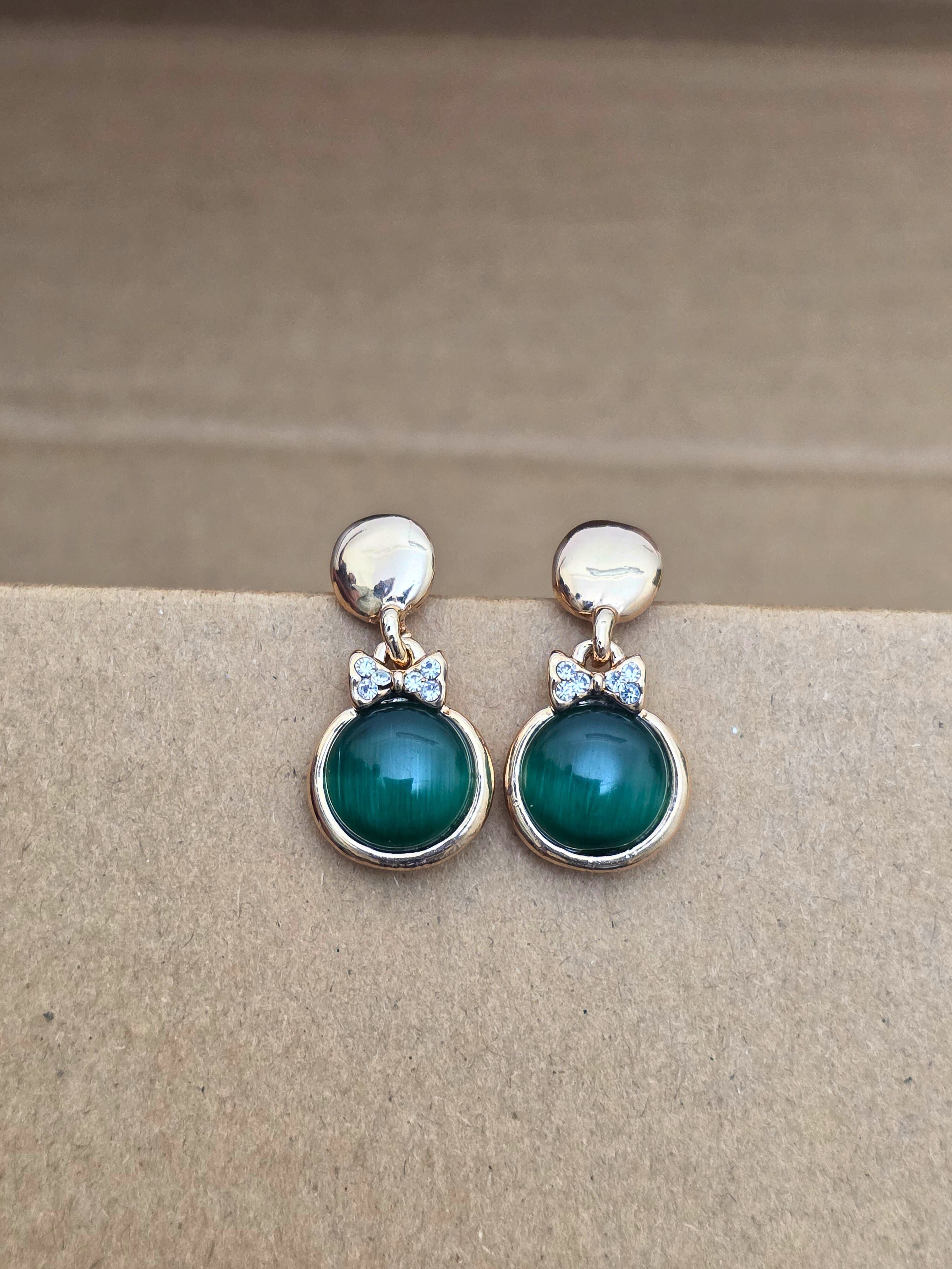 Rose Gold-Plated Dangle Earrings with Dark Green Cats Eye Stone