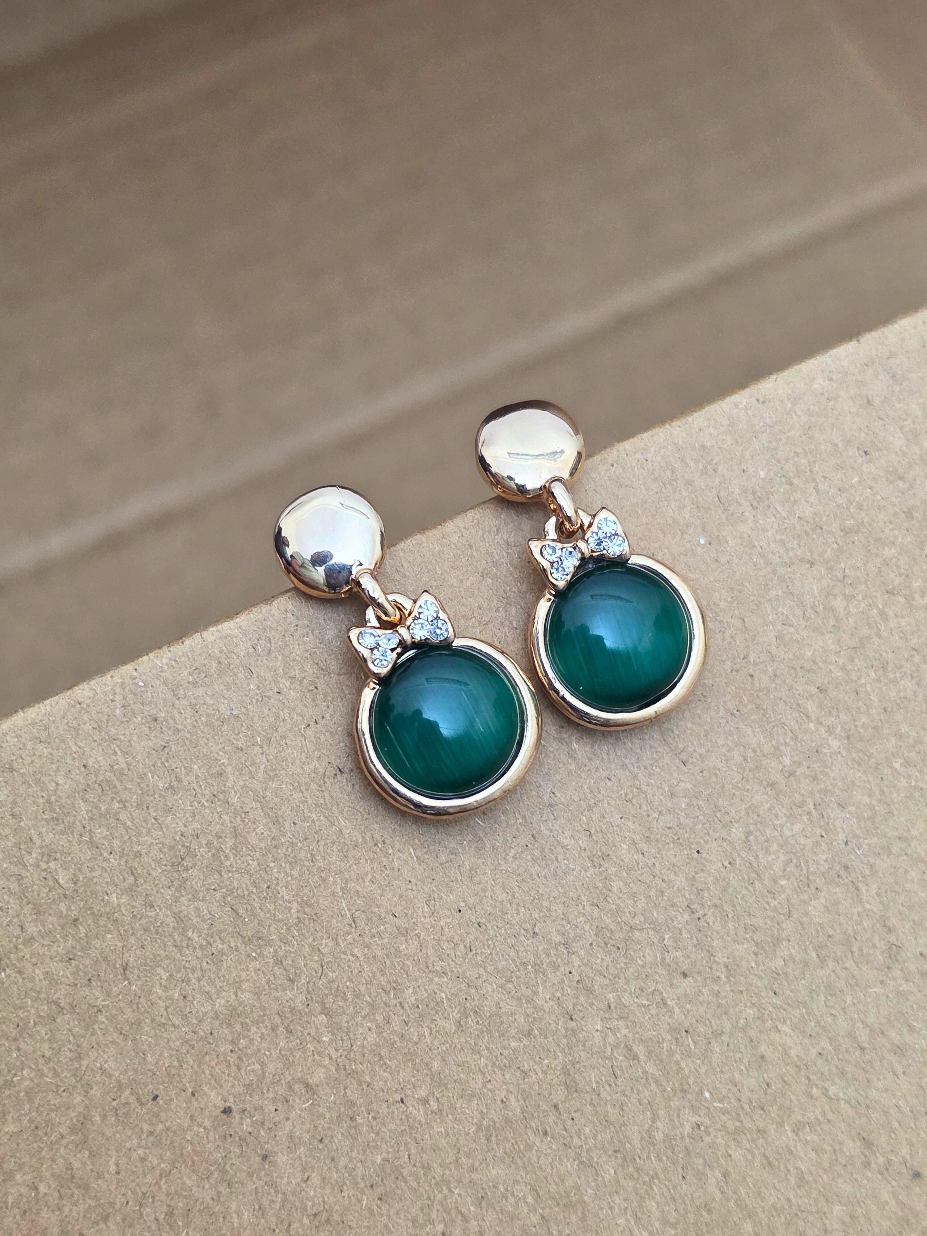 Rose Gold-Plated Dangle Earrings with Dark Green Cats Eye Stone