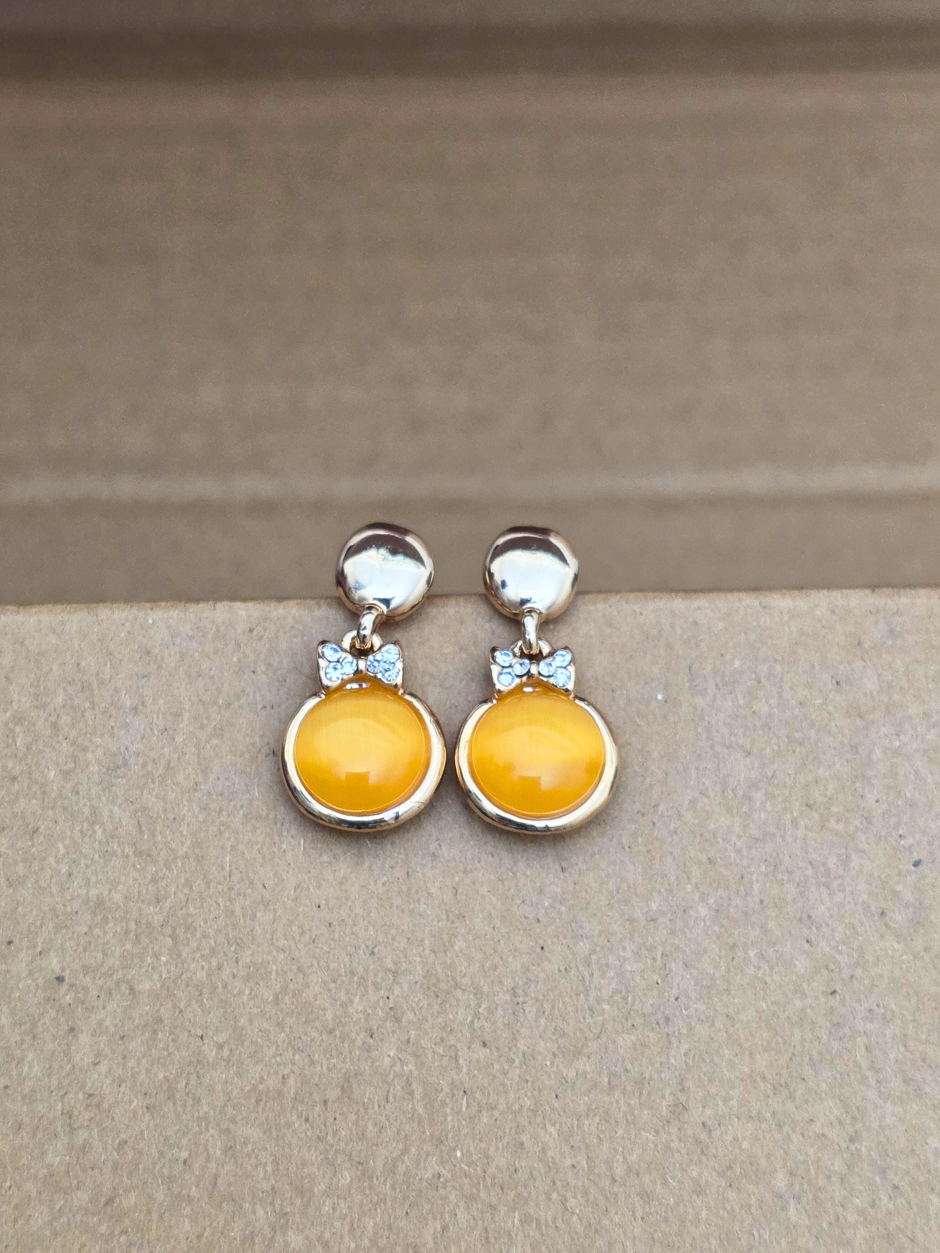 Rose Gold-Plated Dangle Earrings with Orange Cats Eye Stone