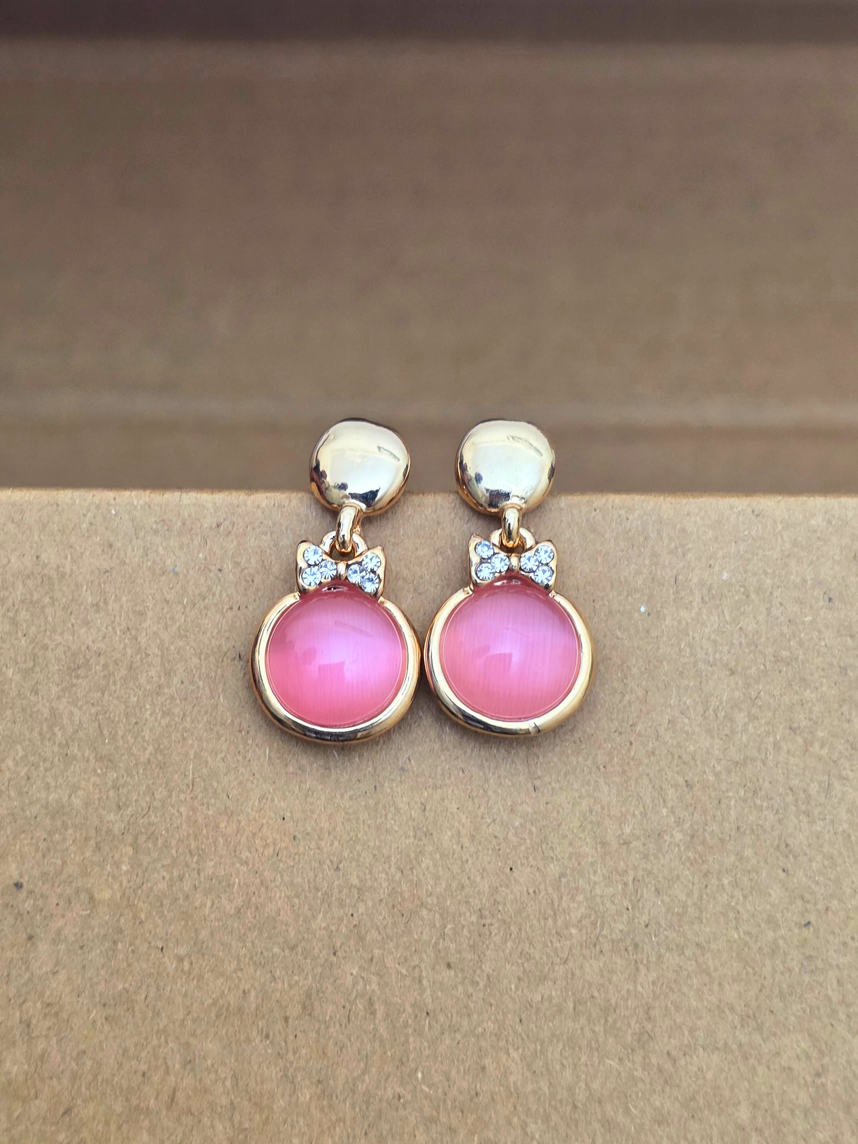 Rose Gold-Plated Dangle Earrings with Rose Pink Cats Eye Stone