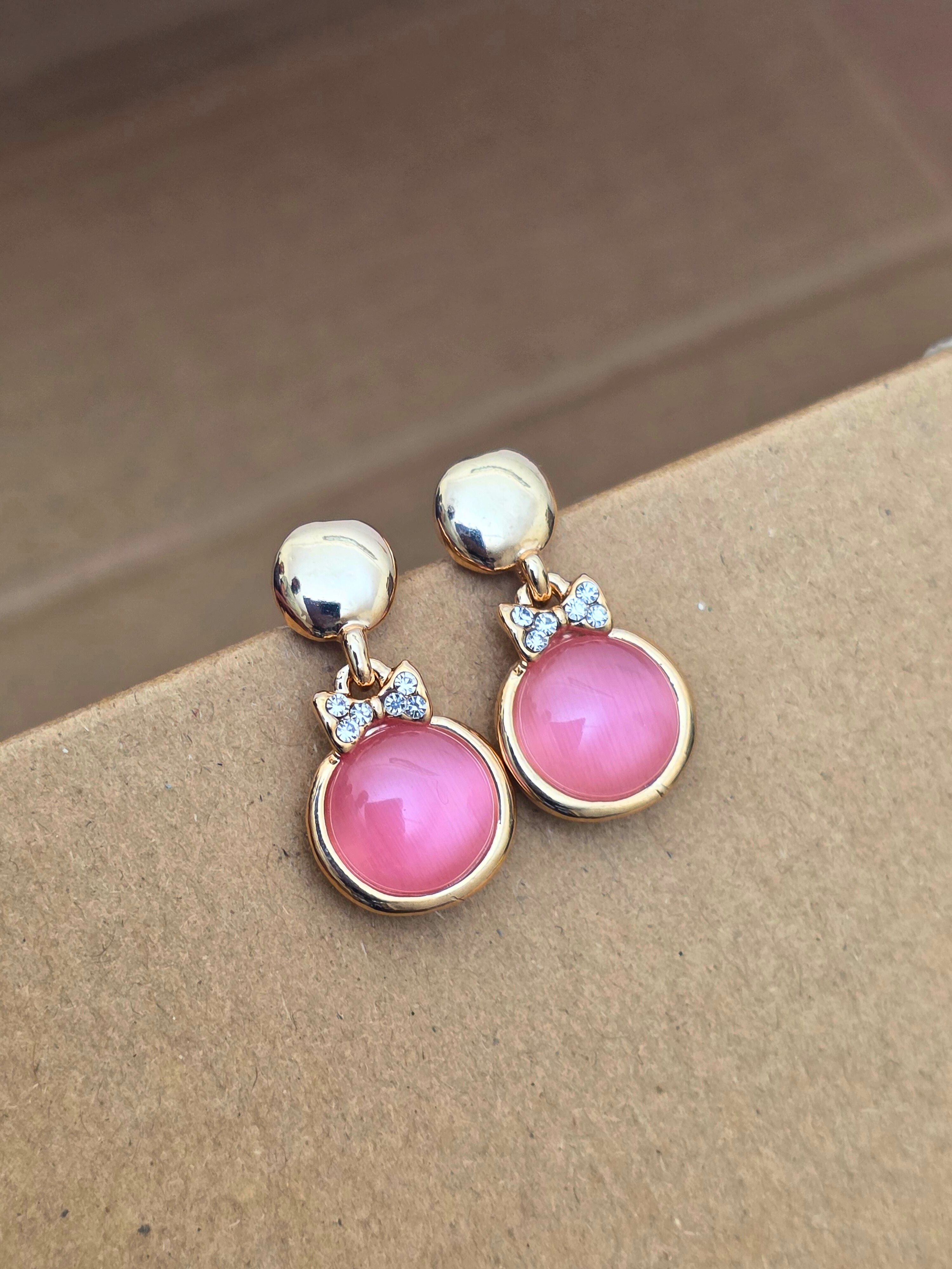 Rose Gold-Plated Dangle Earrings with Rose Pink Cats Eye Stone