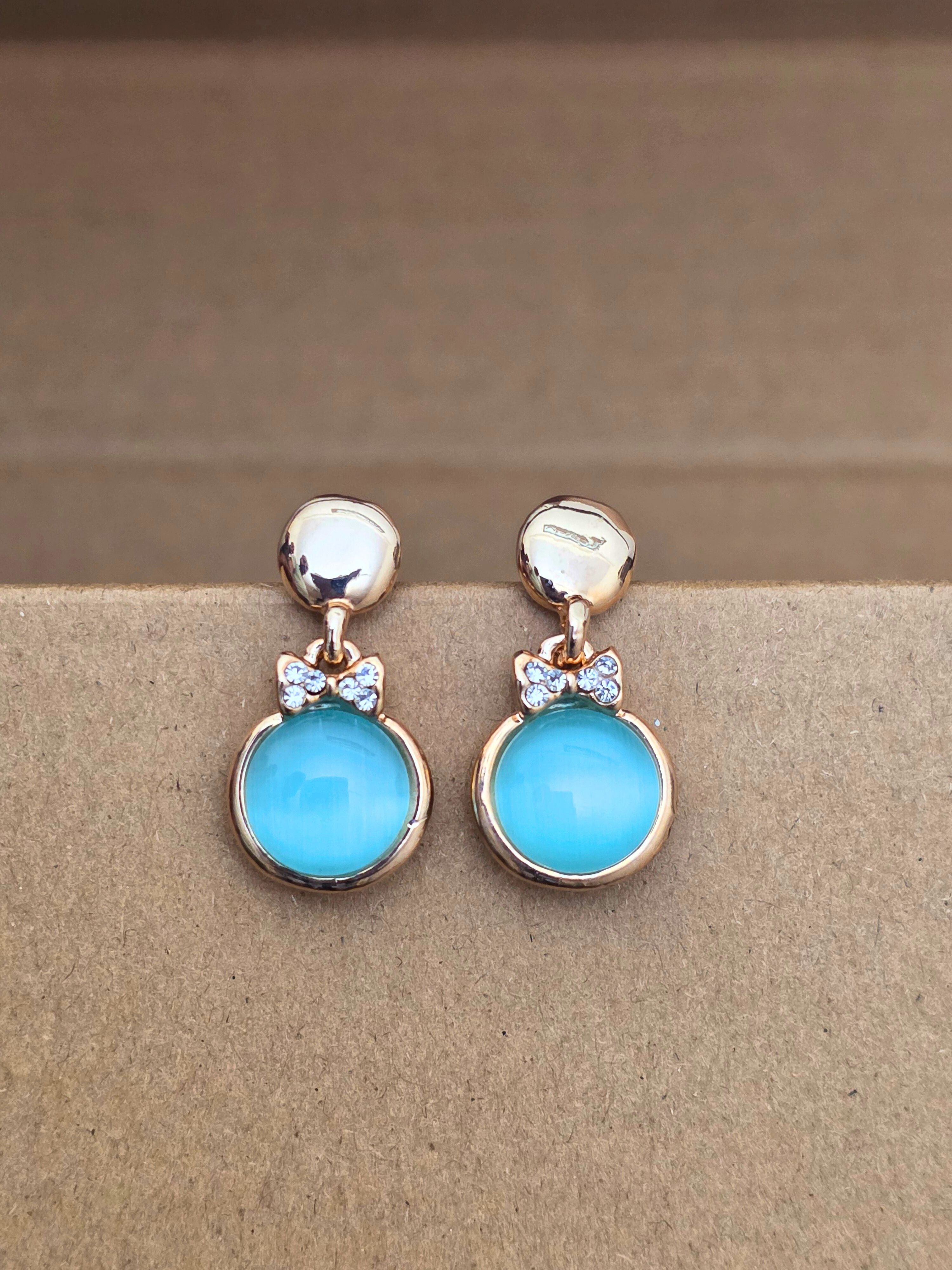 Rose Gold-Plated Dangle Earrings with Teal Cats Eye Stone