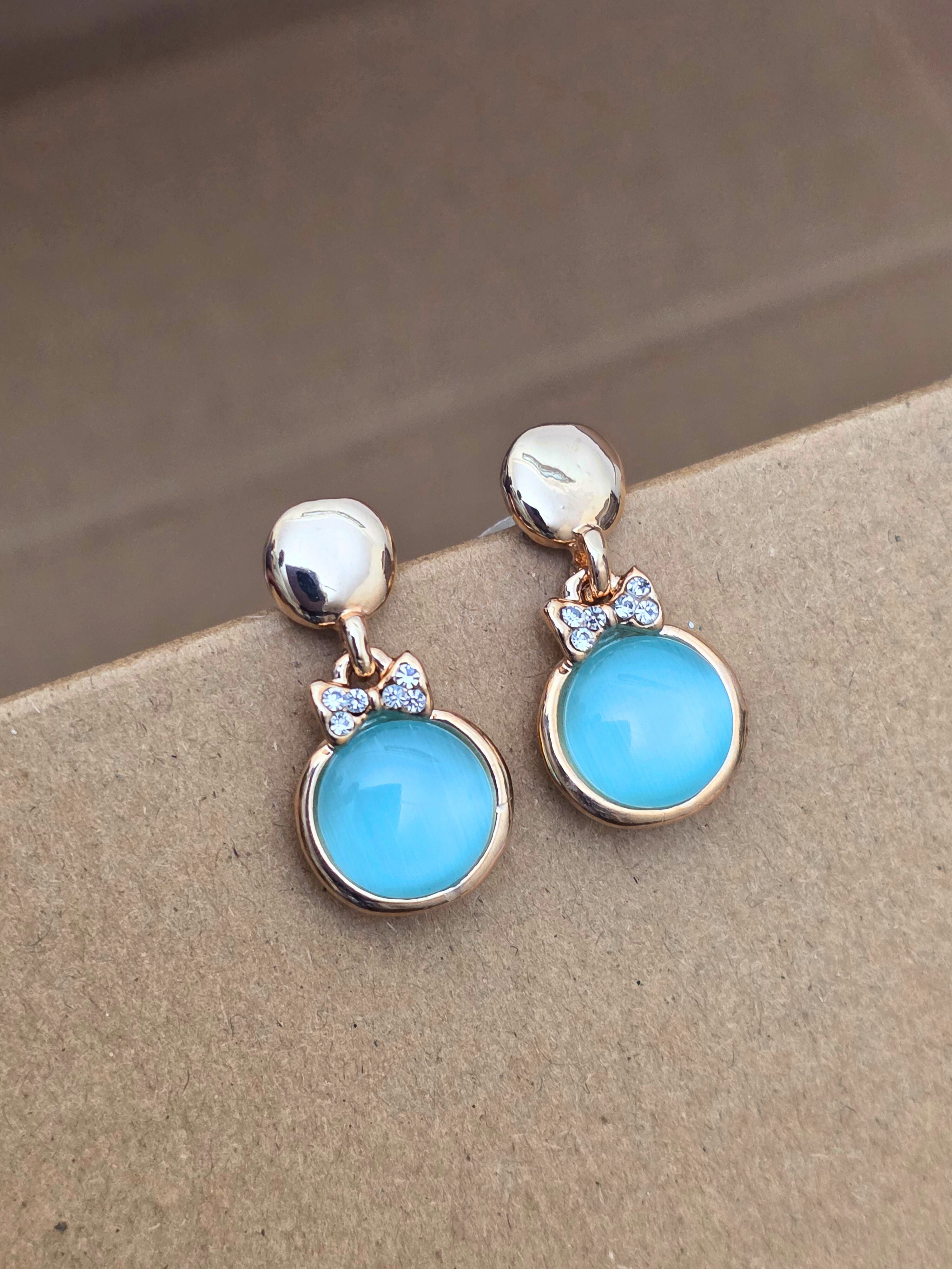 Rose Gold-Plated Dangle Earrings with Teal Cats Eye Stone