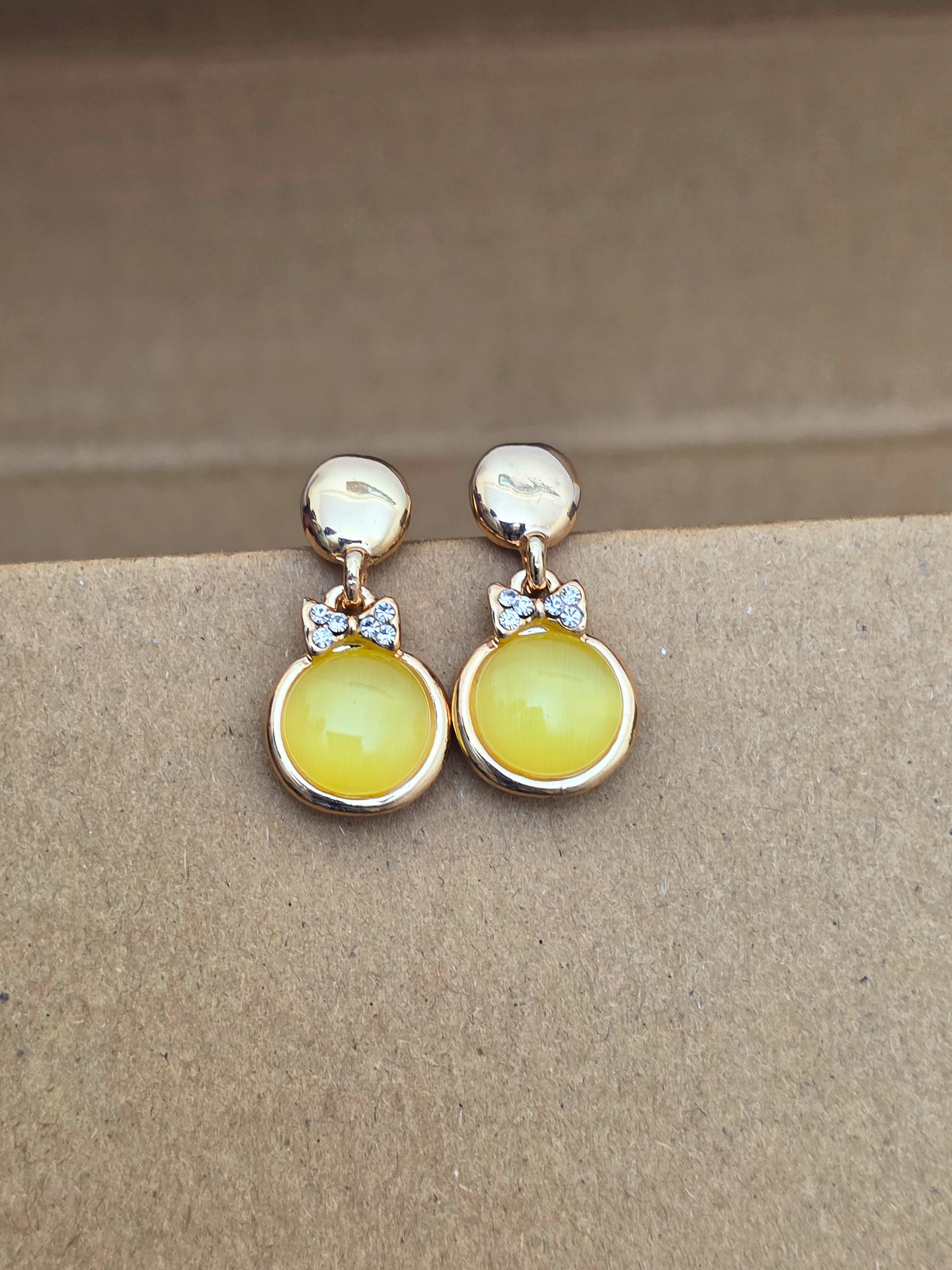 Rose Gold-Plated Dangle Earrings with Yellow Cats Eye Stone