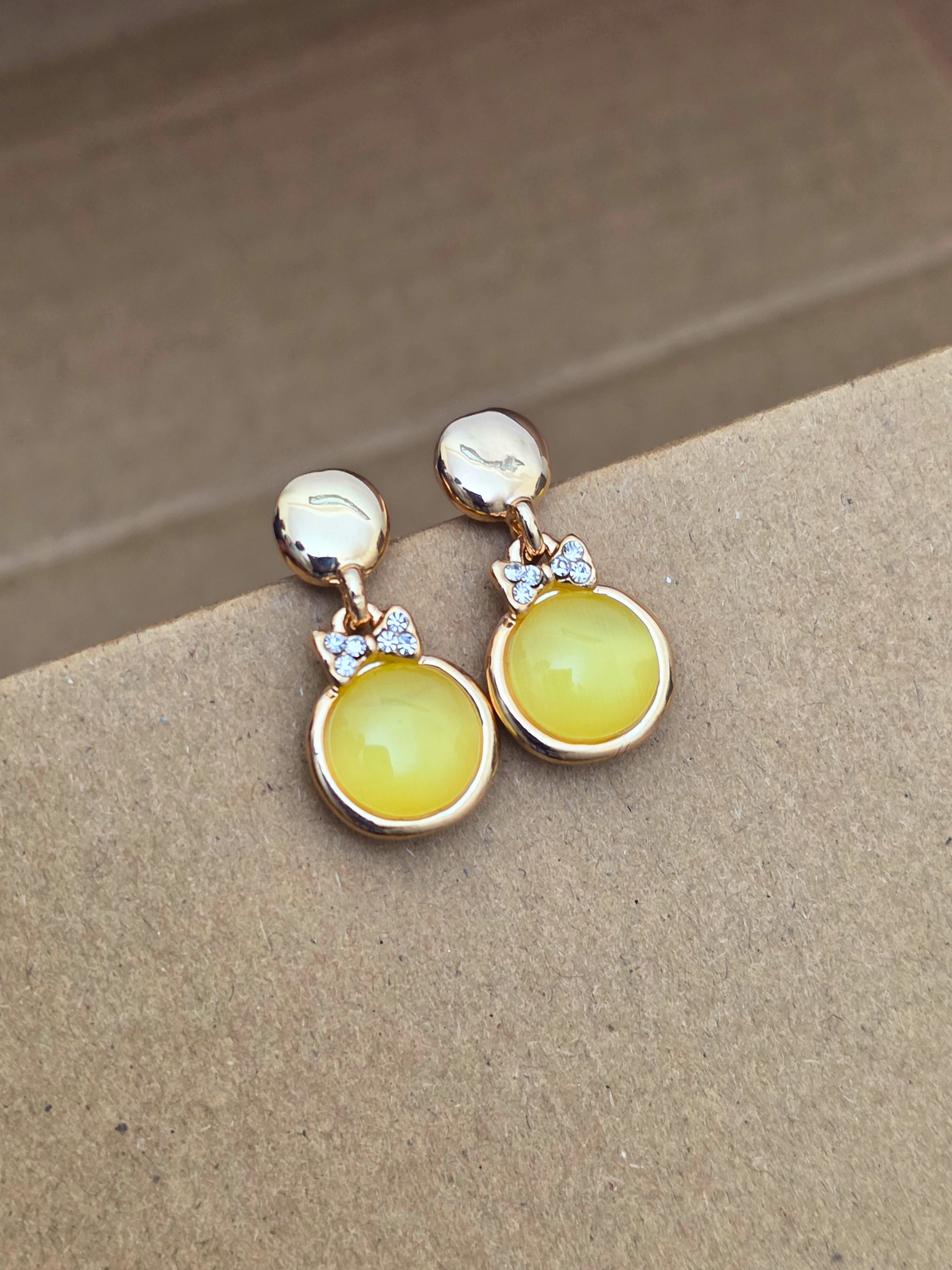 Rose Gold-Plated Dangle Earrings with Yellow Cats Eye Stone