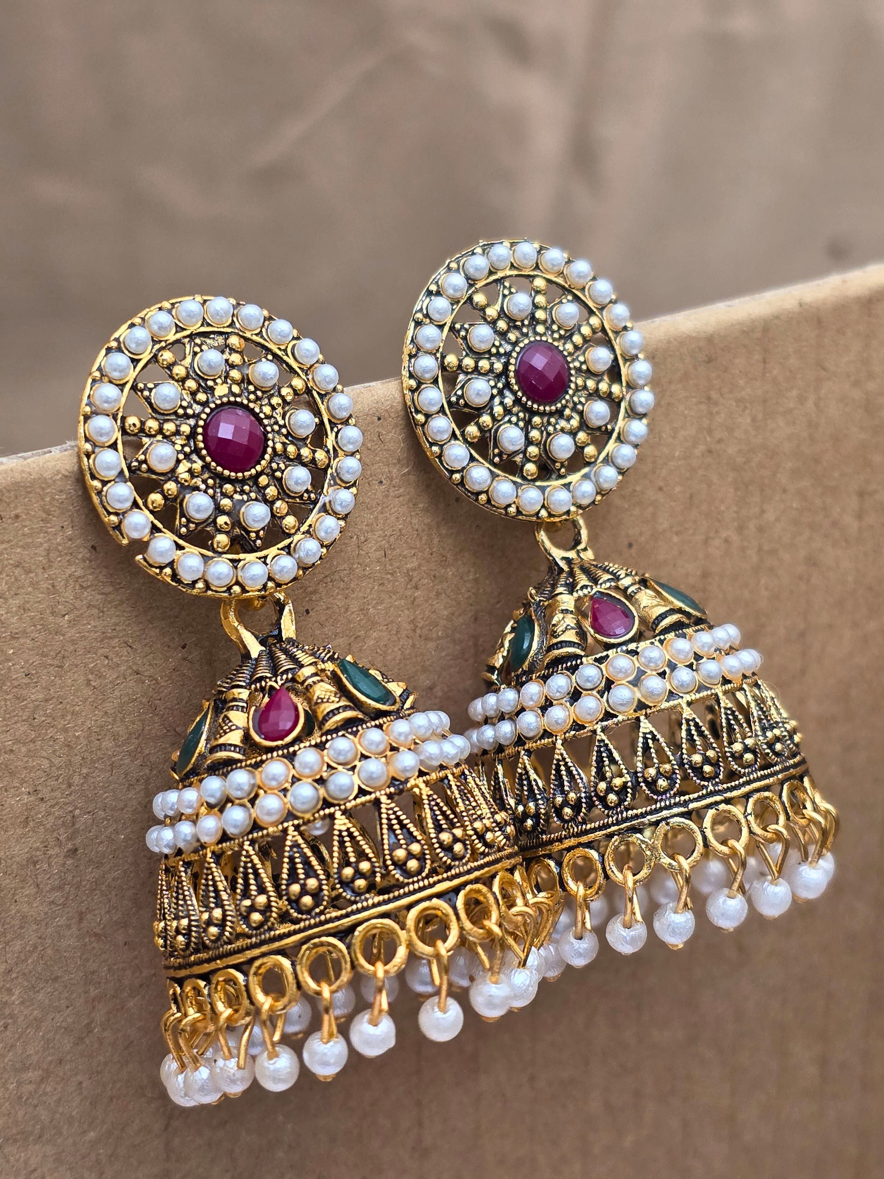 Traditional Ethnic Gold-Plated Big Oxidized Jhumki Earrings with Pearl