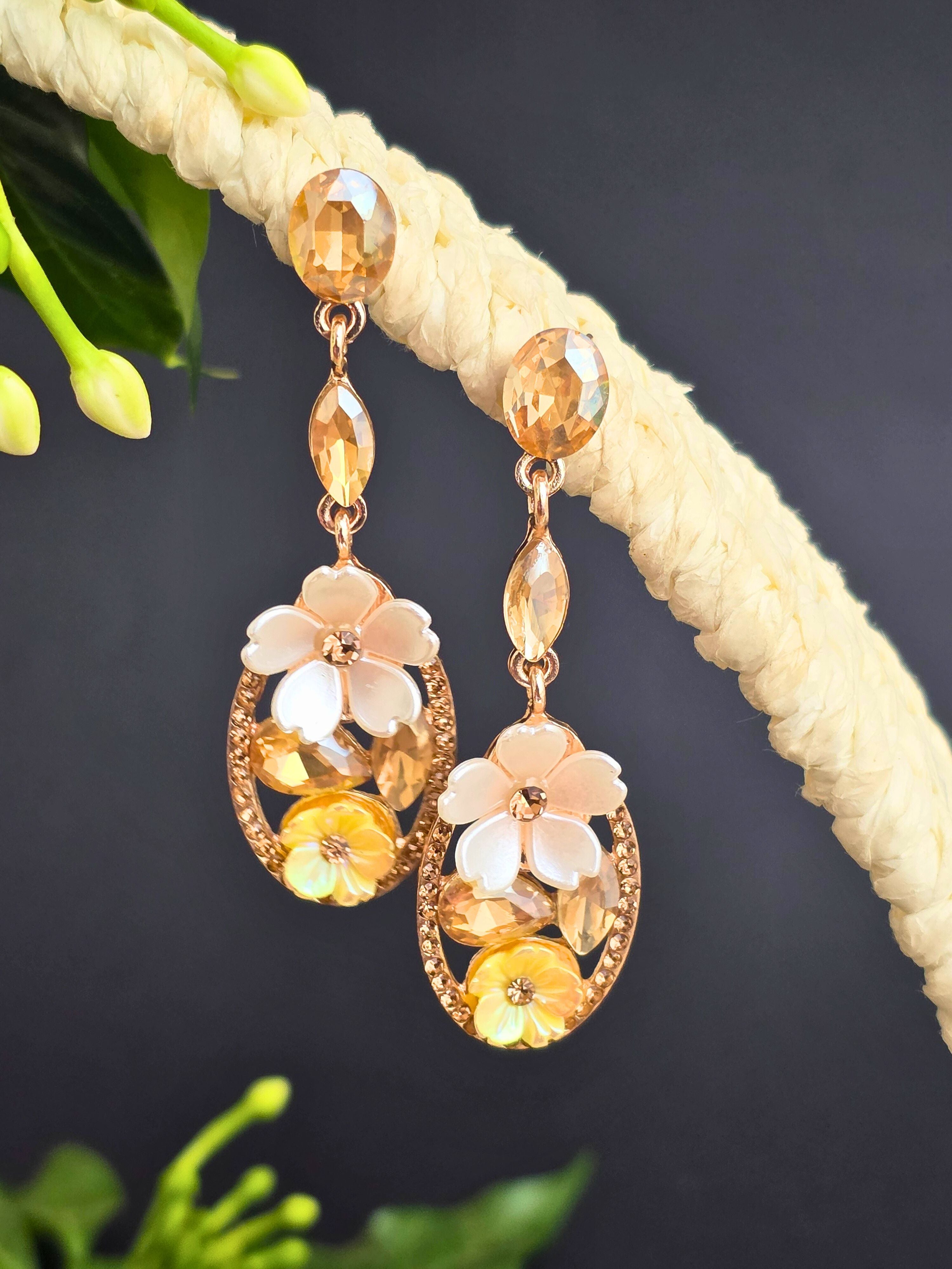 Rose Gold Oval Shape Multicolor Floral Dangle Earrings