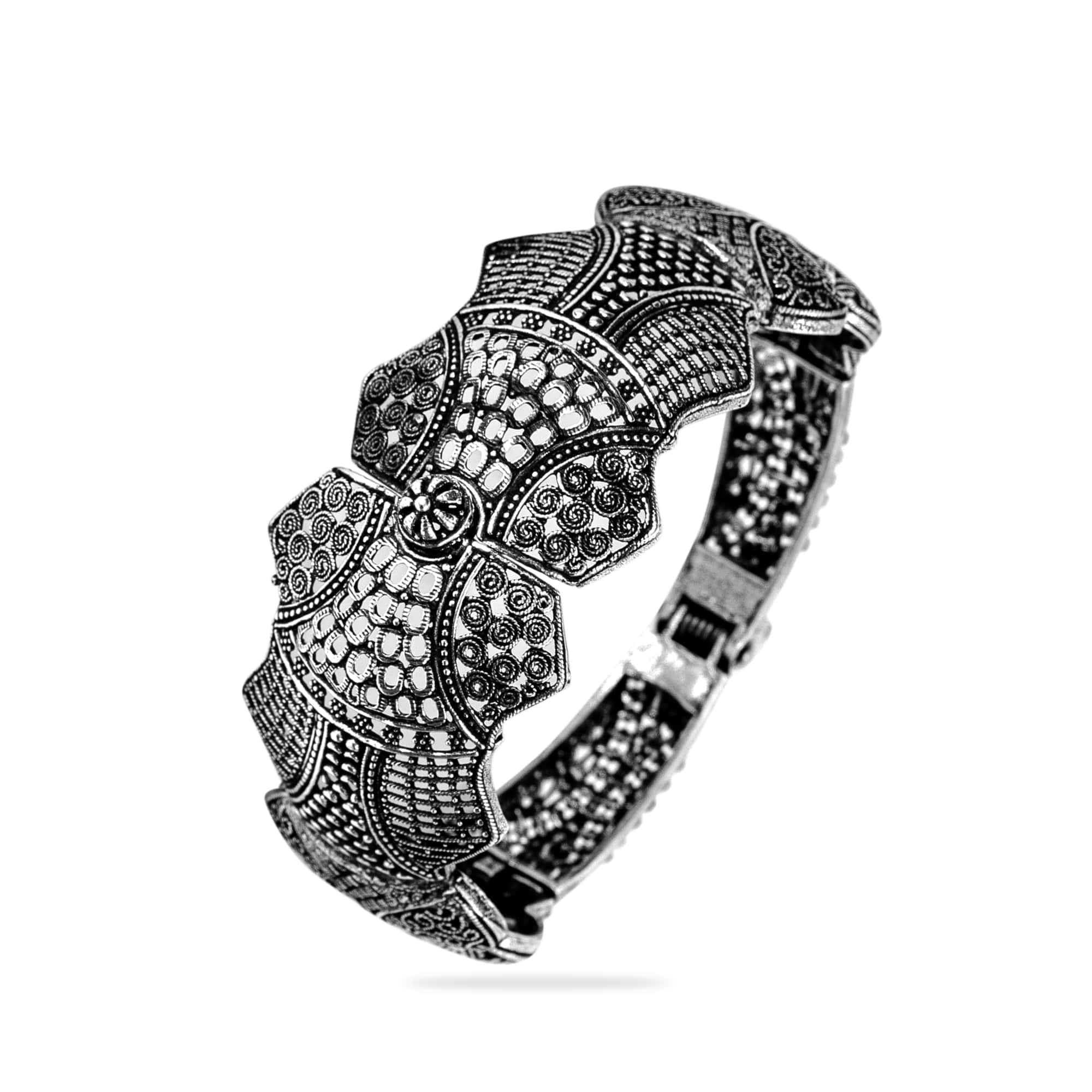 Intricately Designed Oxidized Silver Ethnic Bangle Bracelet
