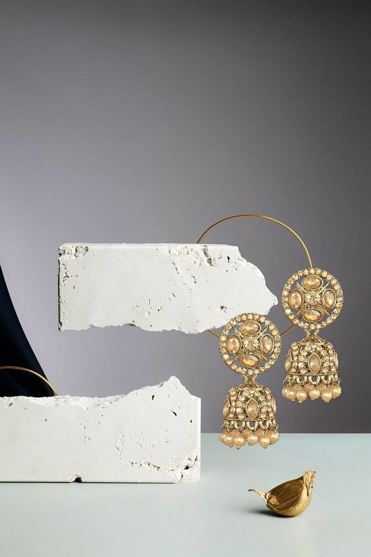 Gold Finish Moissanite Polki Jhumka Earrings